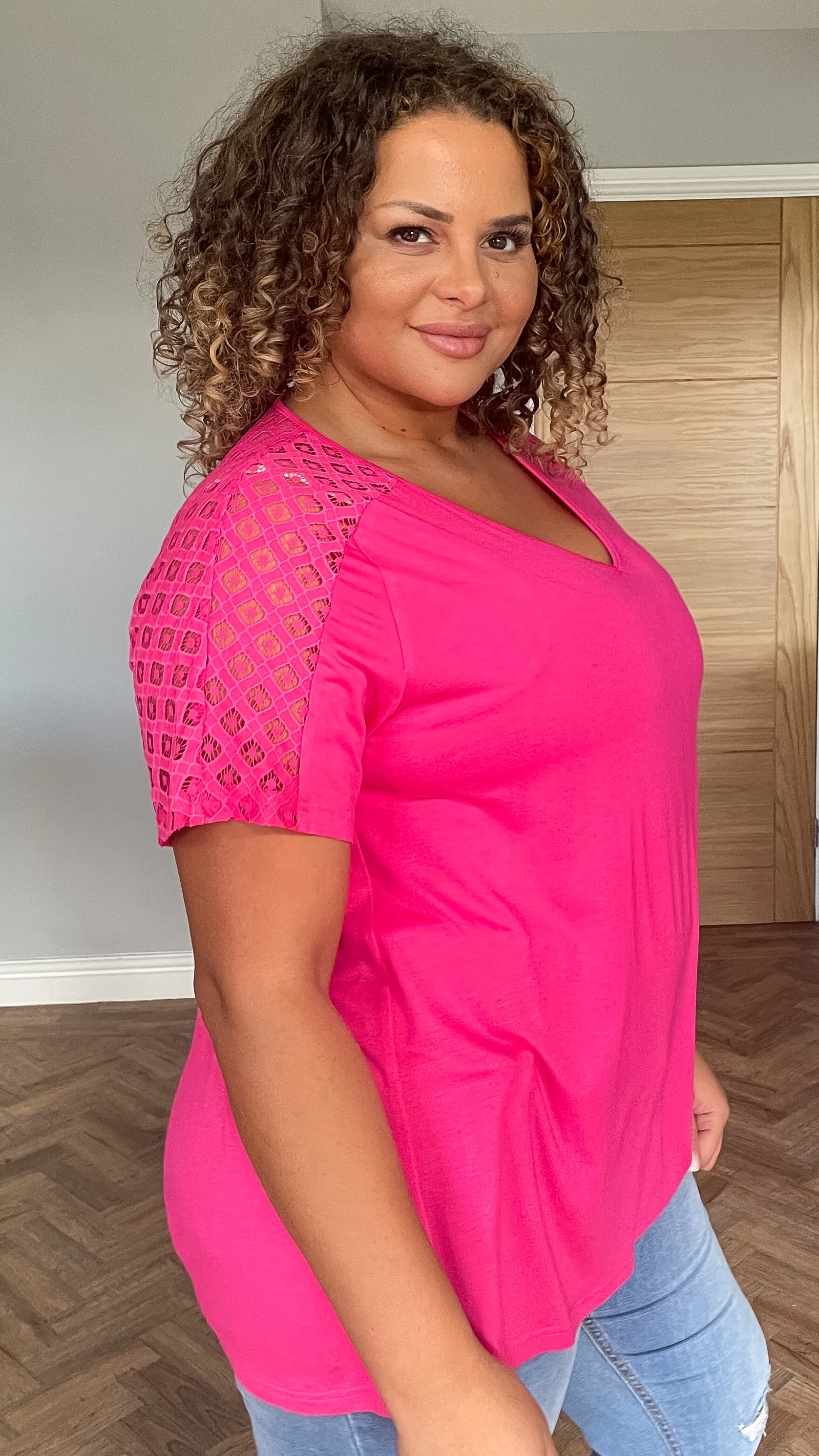 CurveWow Lace Detail T-Shirt Pink - Image 4
