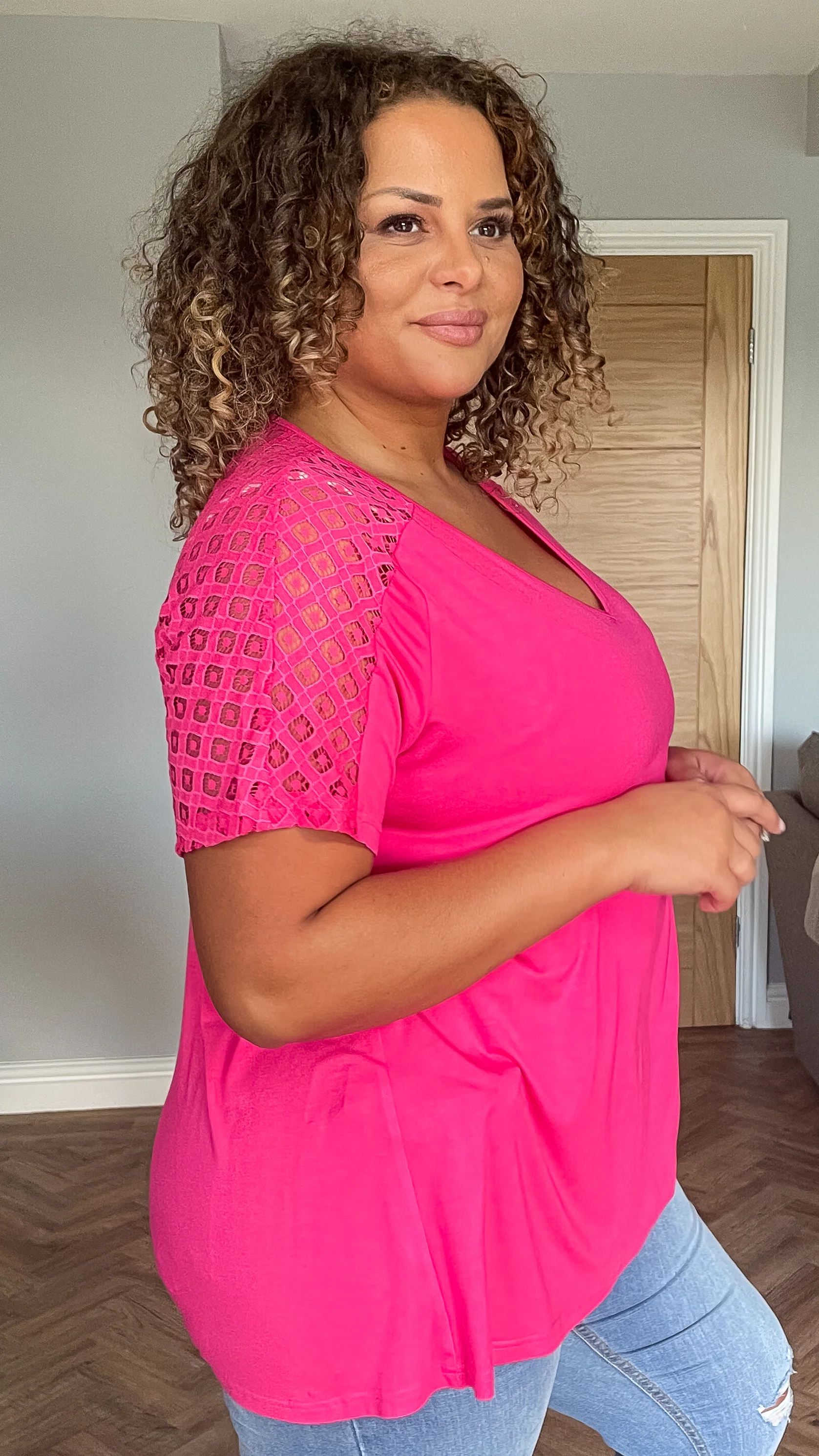 CurveWow Lace Detail T-Shirt Pink - Image 5