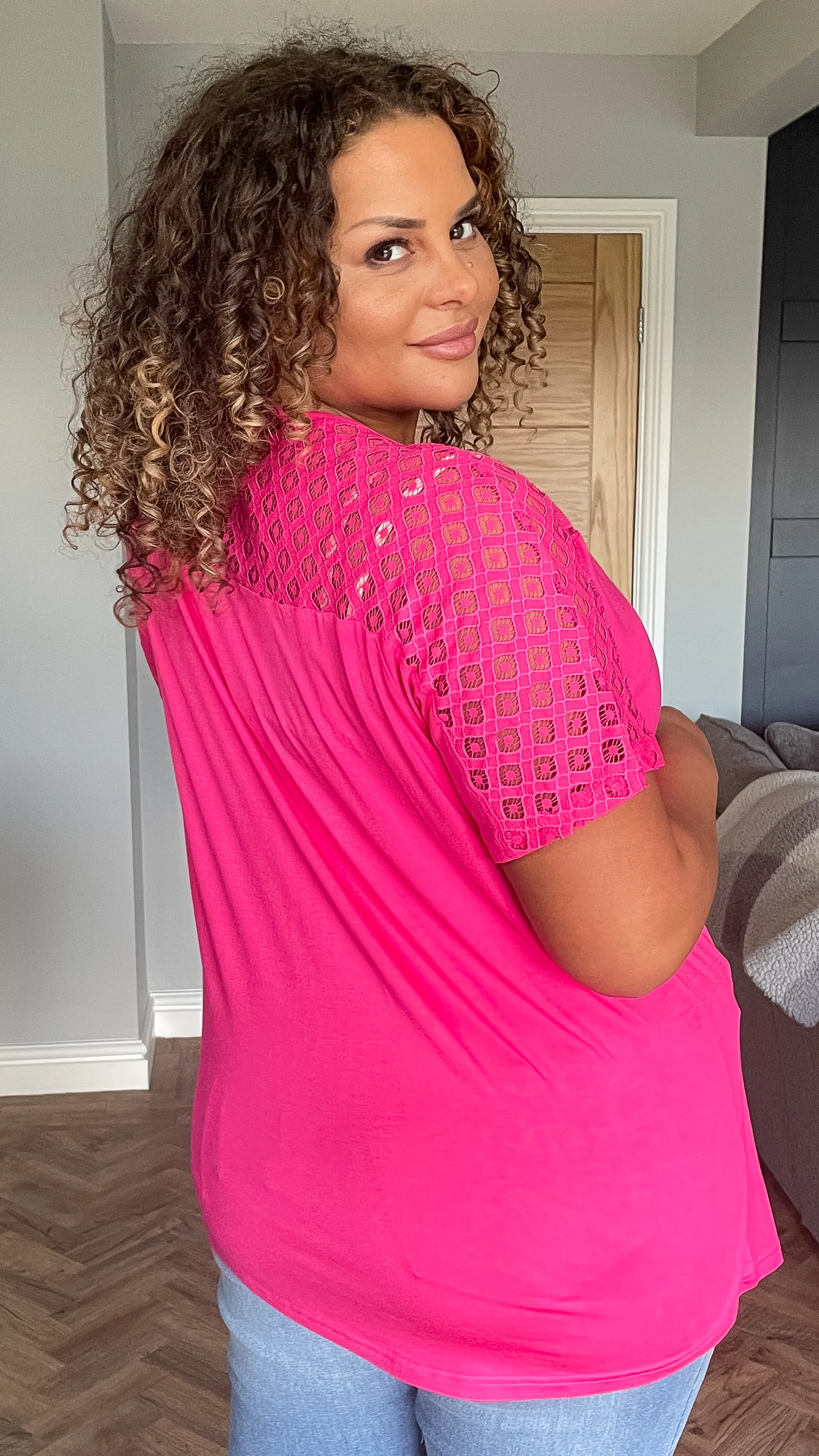 CurveWow Lace Detail T-Shirt Pink - Image 6