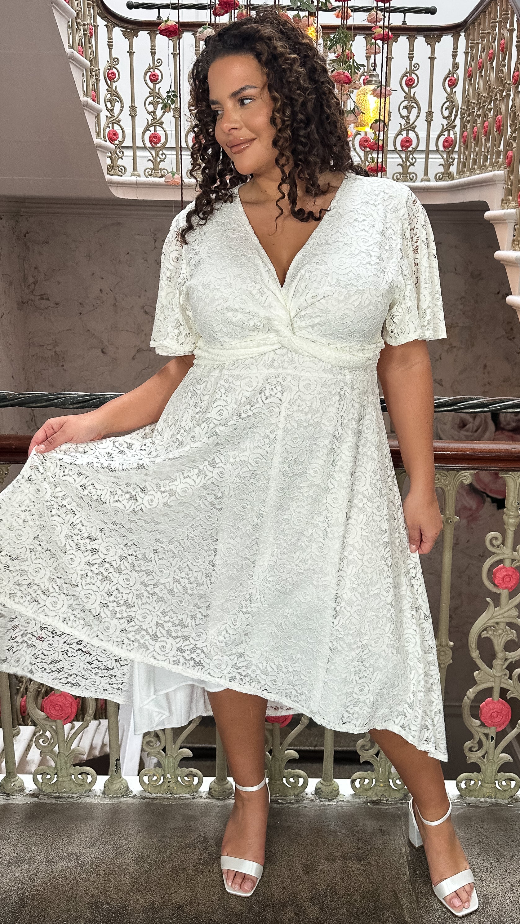CurveWow Lace Dipped Hem Knot Front Dress White - Image 6