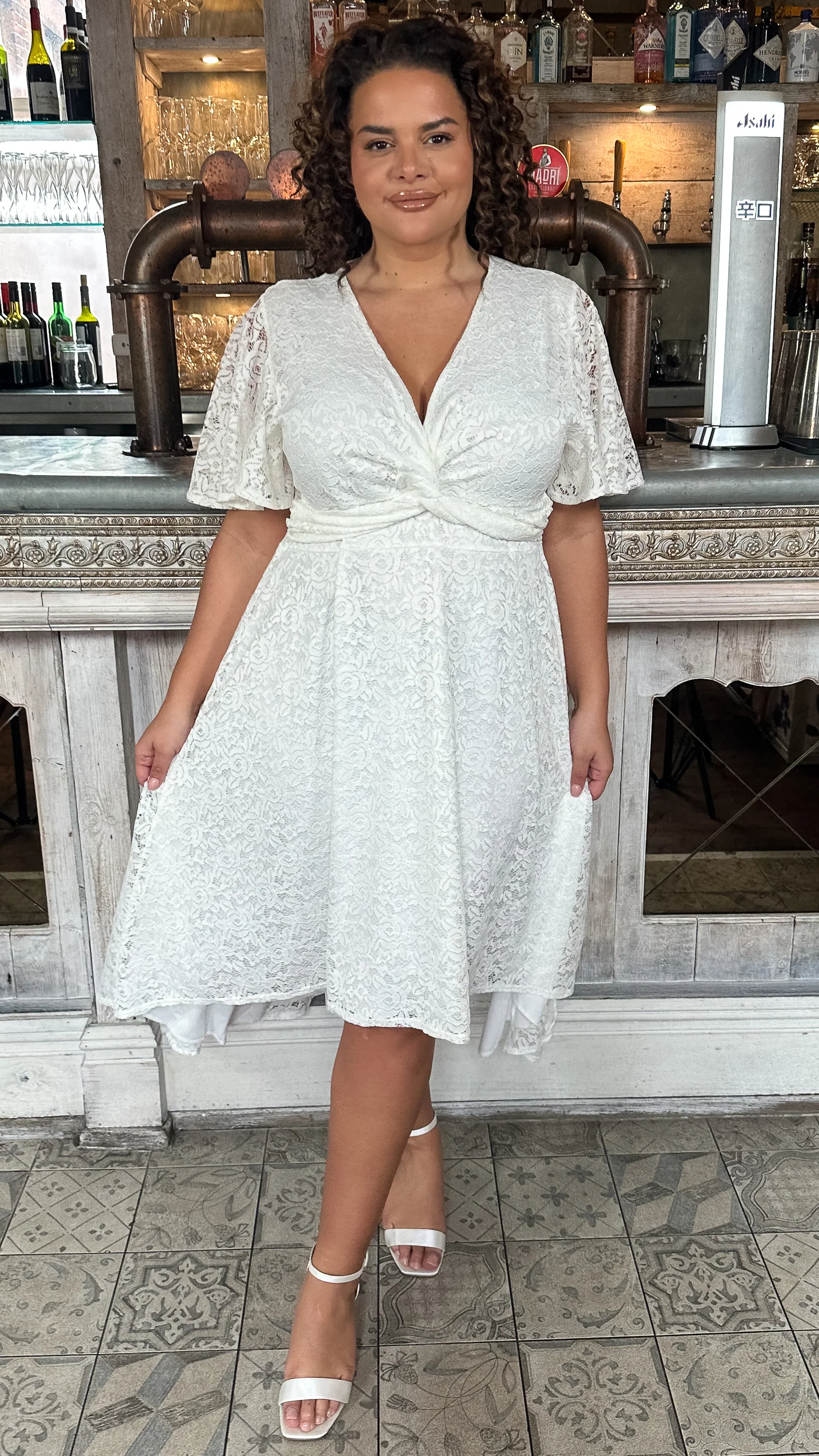 CurveWow Lace Dipped Hem Knot Front Dress White - Image 8
