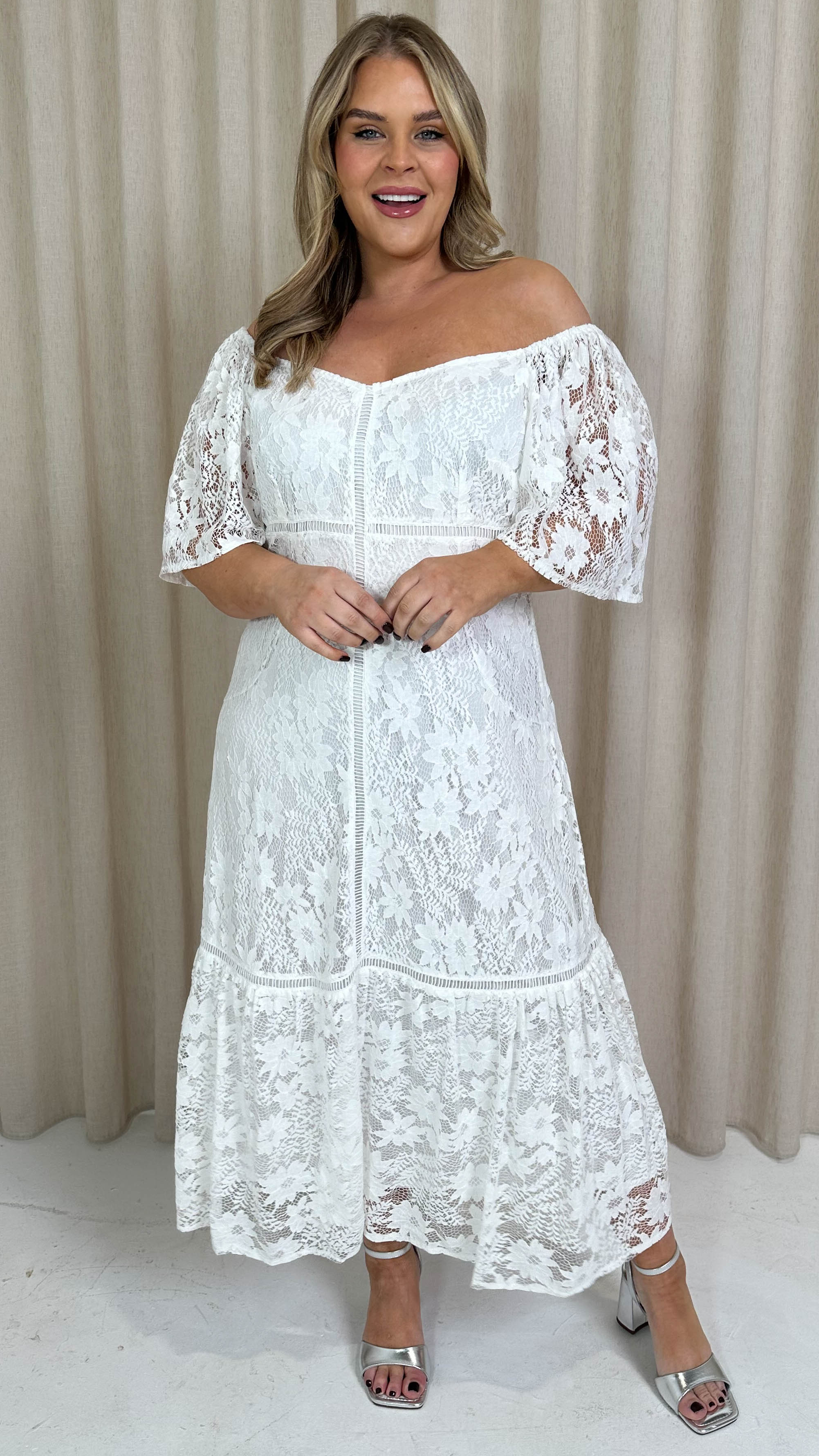 CurveWow Lace Frill Hem Midaxi Dress White - Image 4