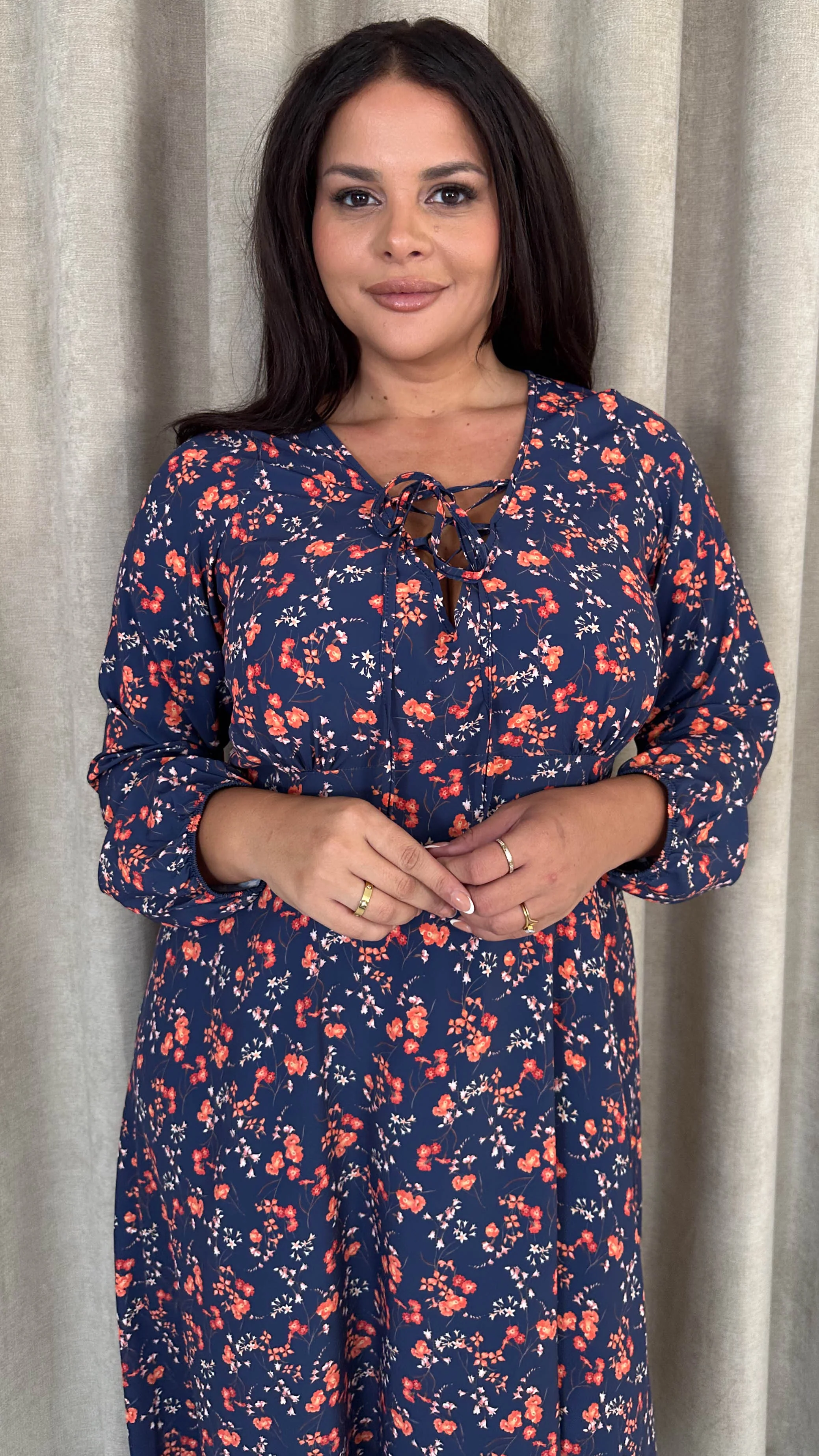 CurveWow Lace Front Frill Hem Midi Dress Navy Floral - Image 7