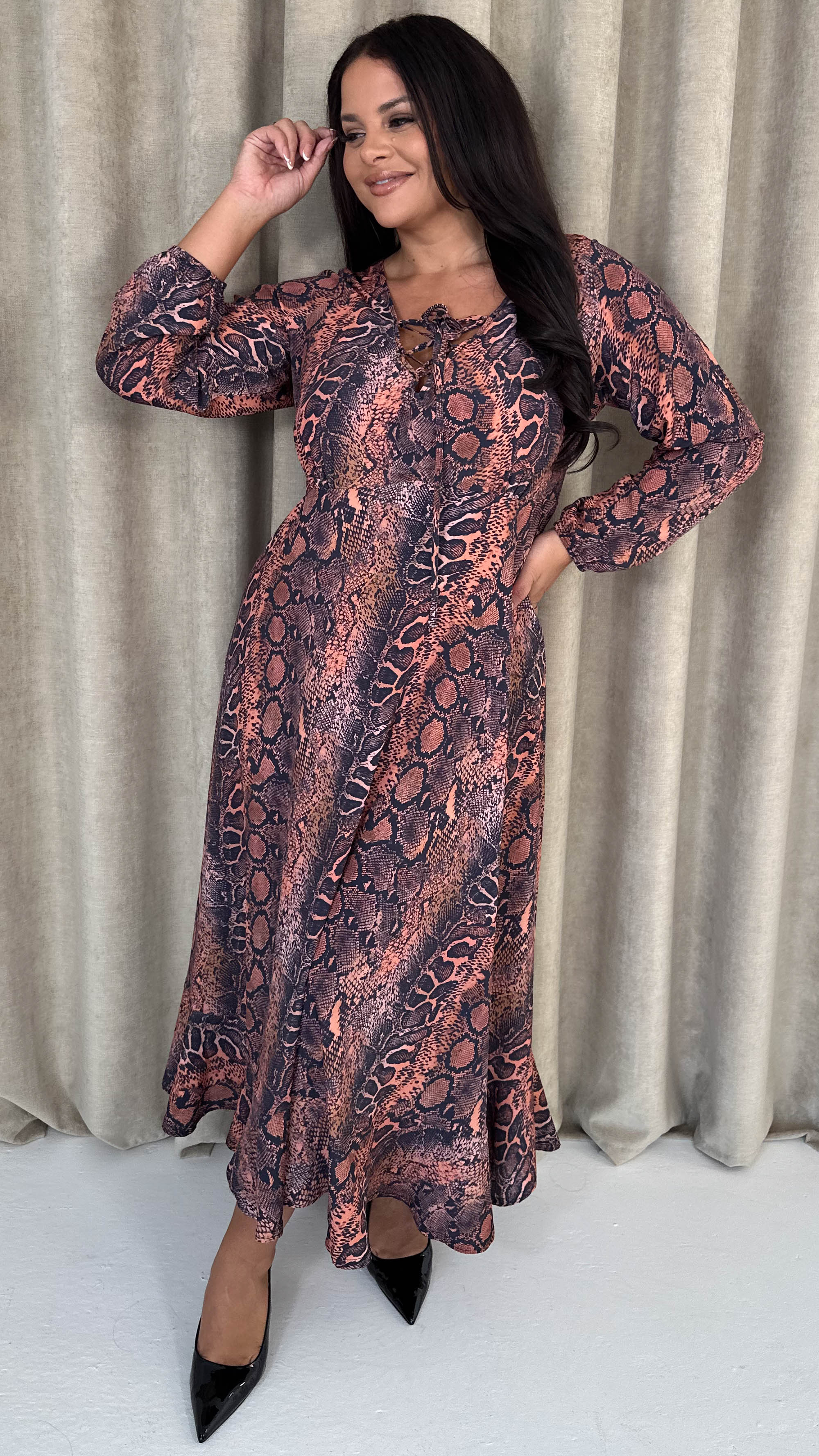 CurveWow Lace Front Frill Hem Midi Dress Snake - Image 6