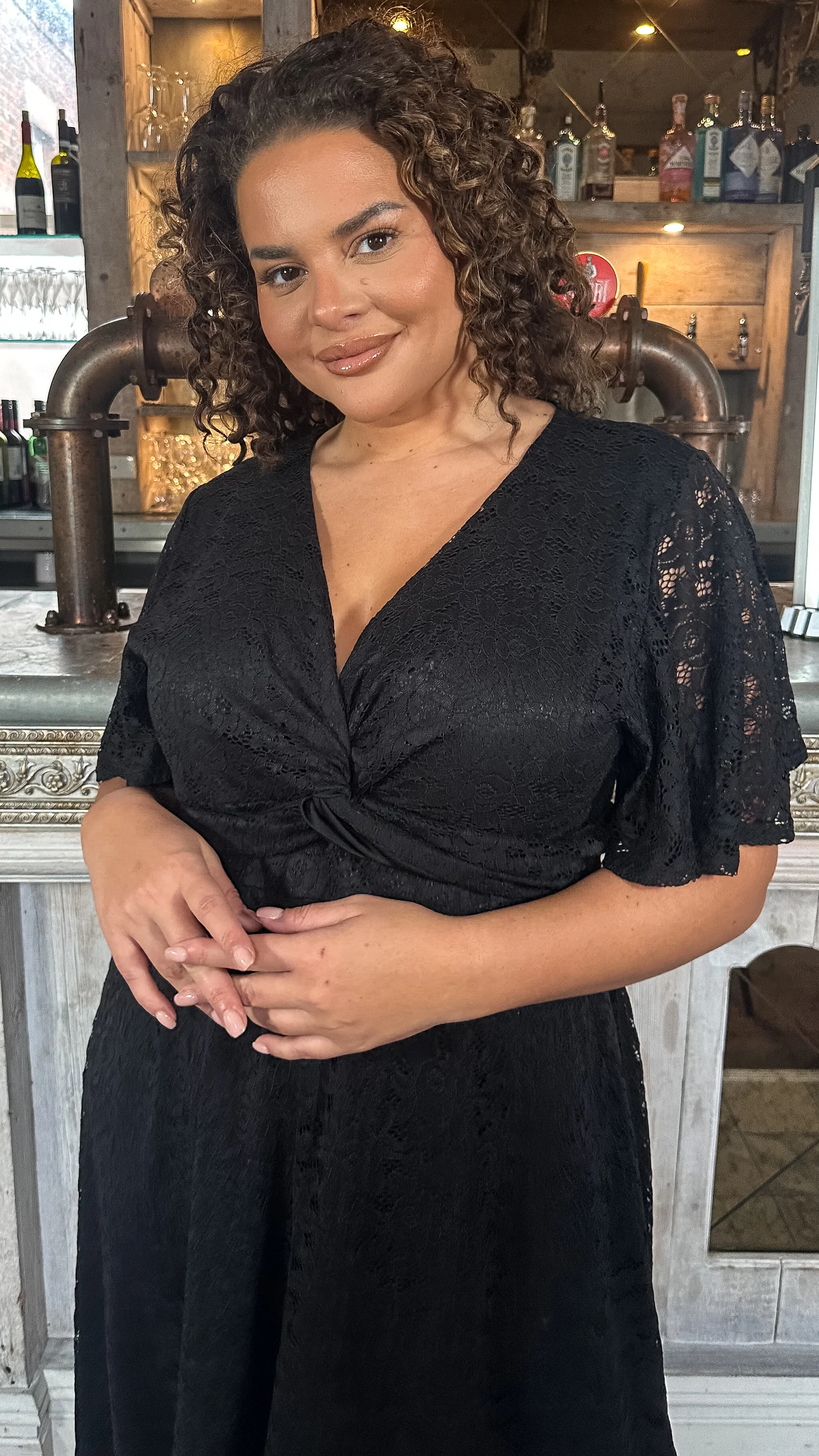 CurveWow Lace Dipped Hem Knot Front Dress Black - Image 2