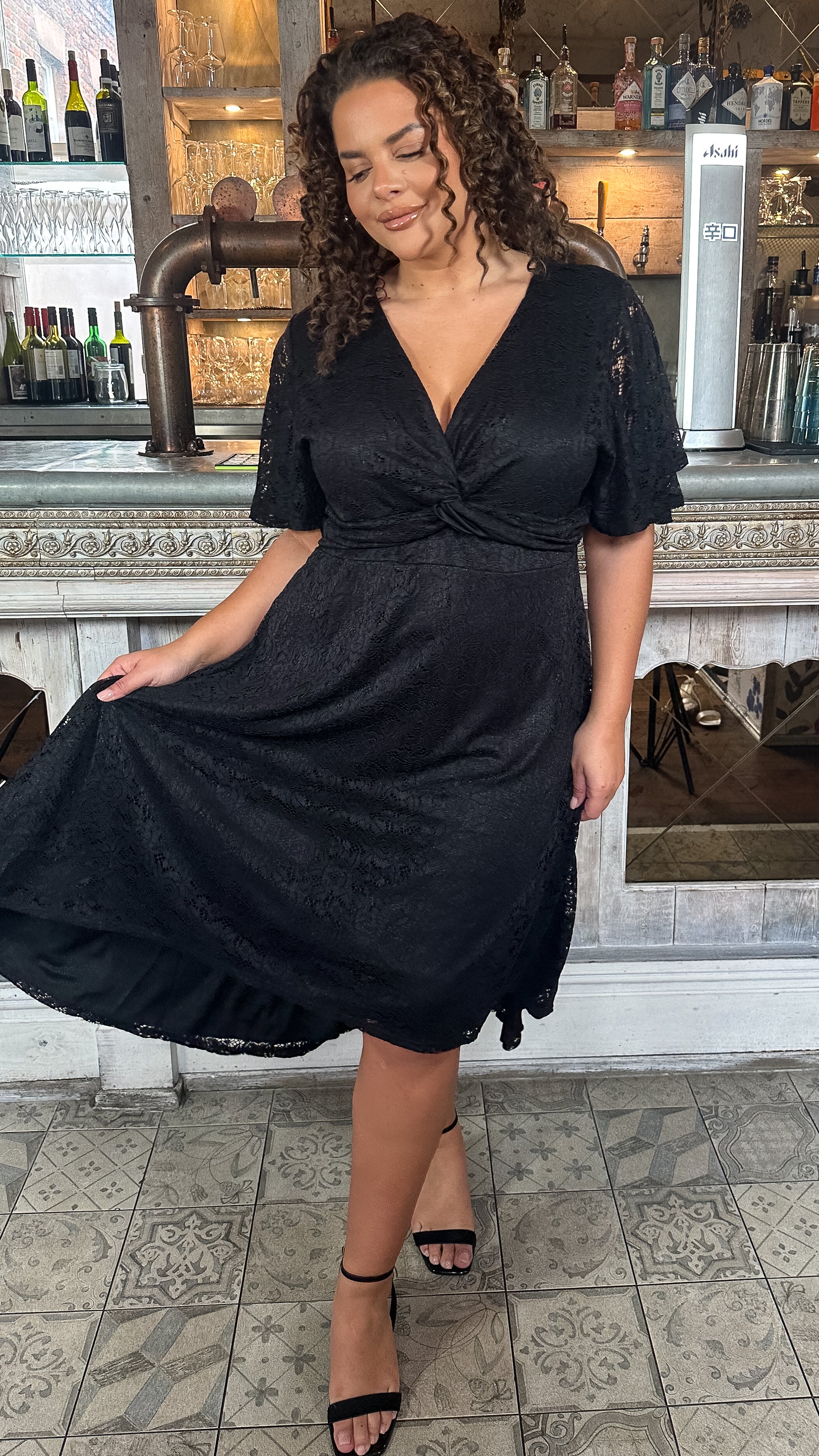 CurveWow Lace Dipped Hem Knot Front Dress Black - Image 5