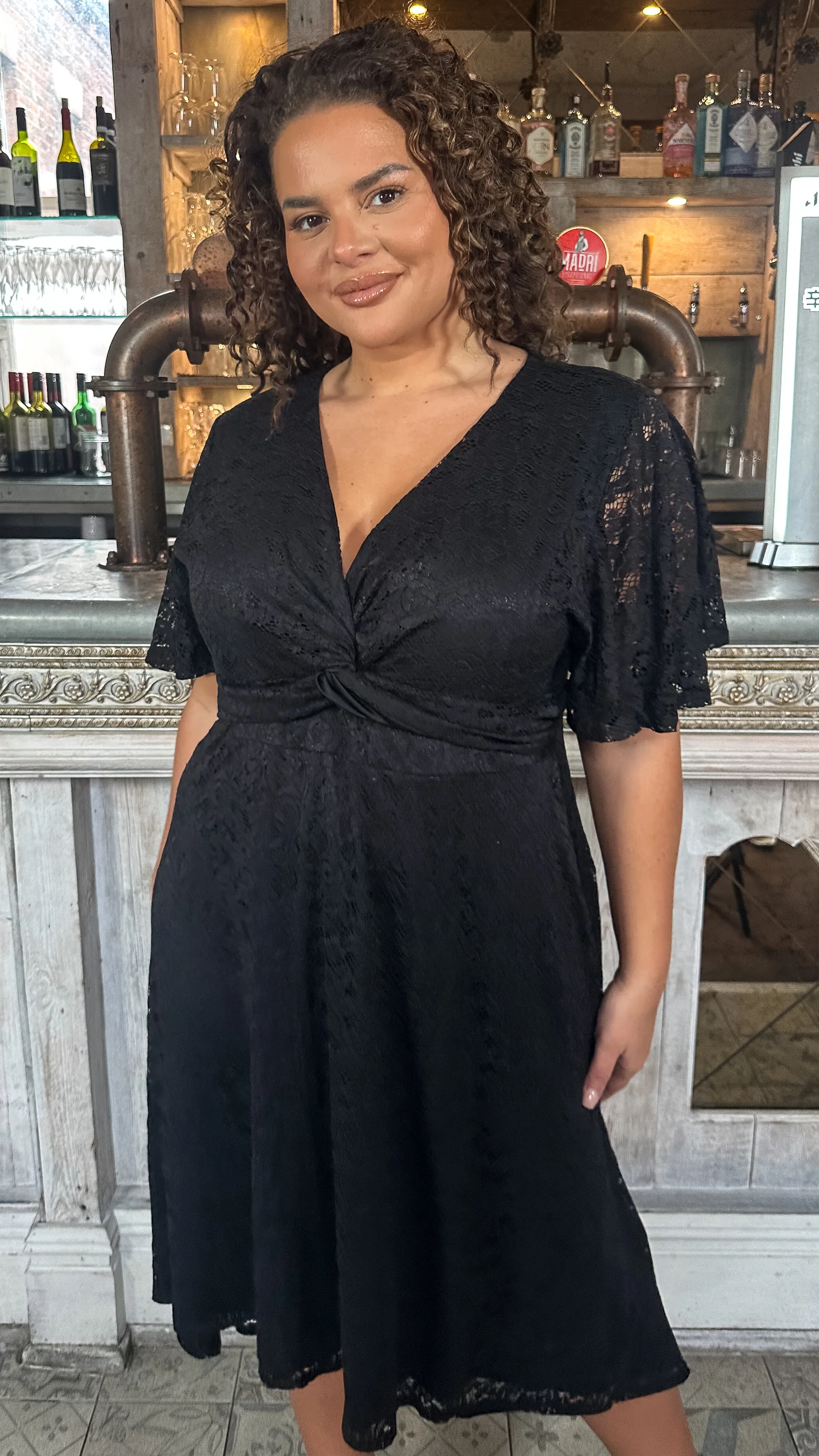 CurveWow Lace Dipped Hem Knot Front Dress Black - Image 6