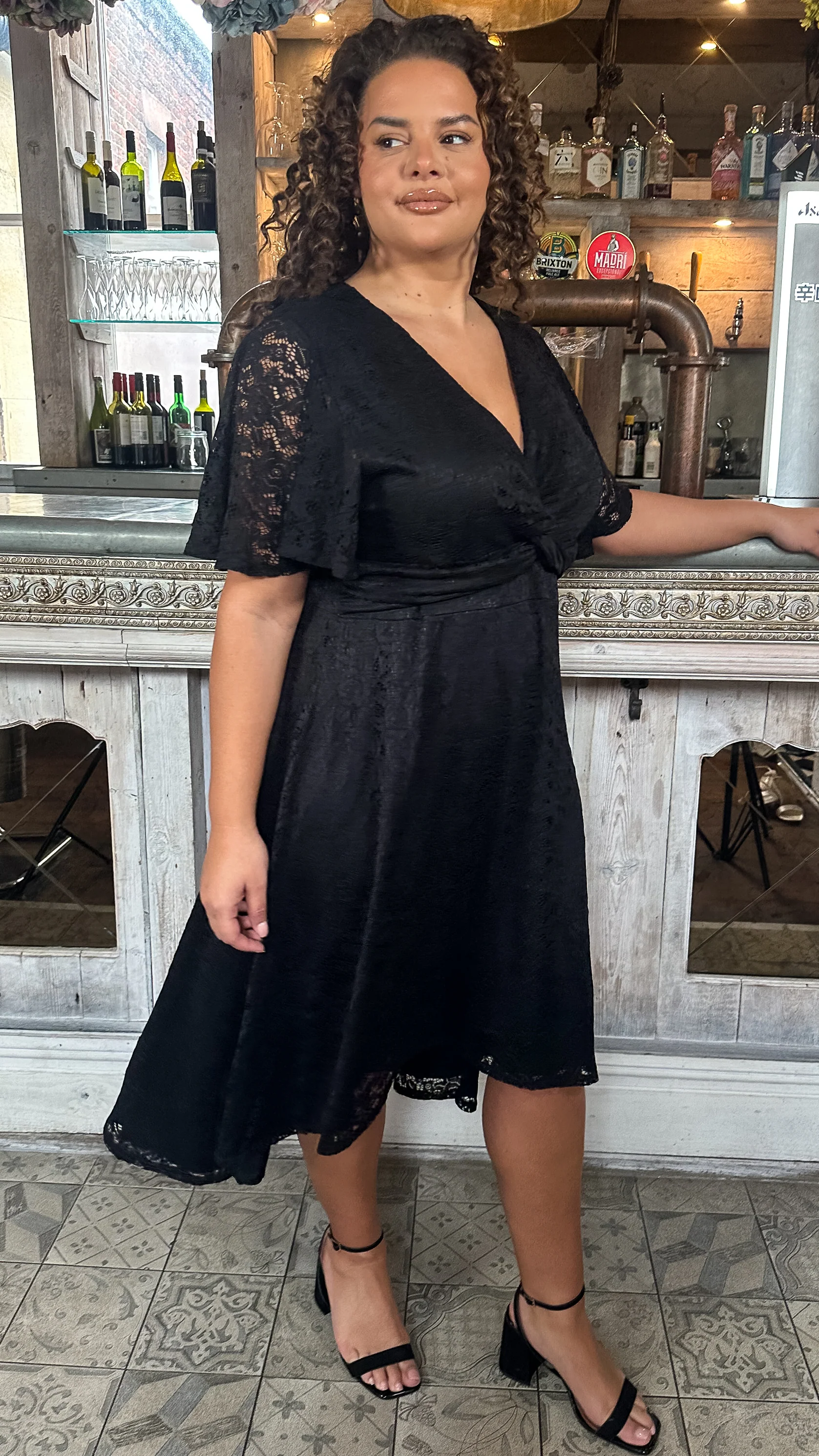 CurveWow Lace Dipped Hem Knot Front Dress Black - Image 7