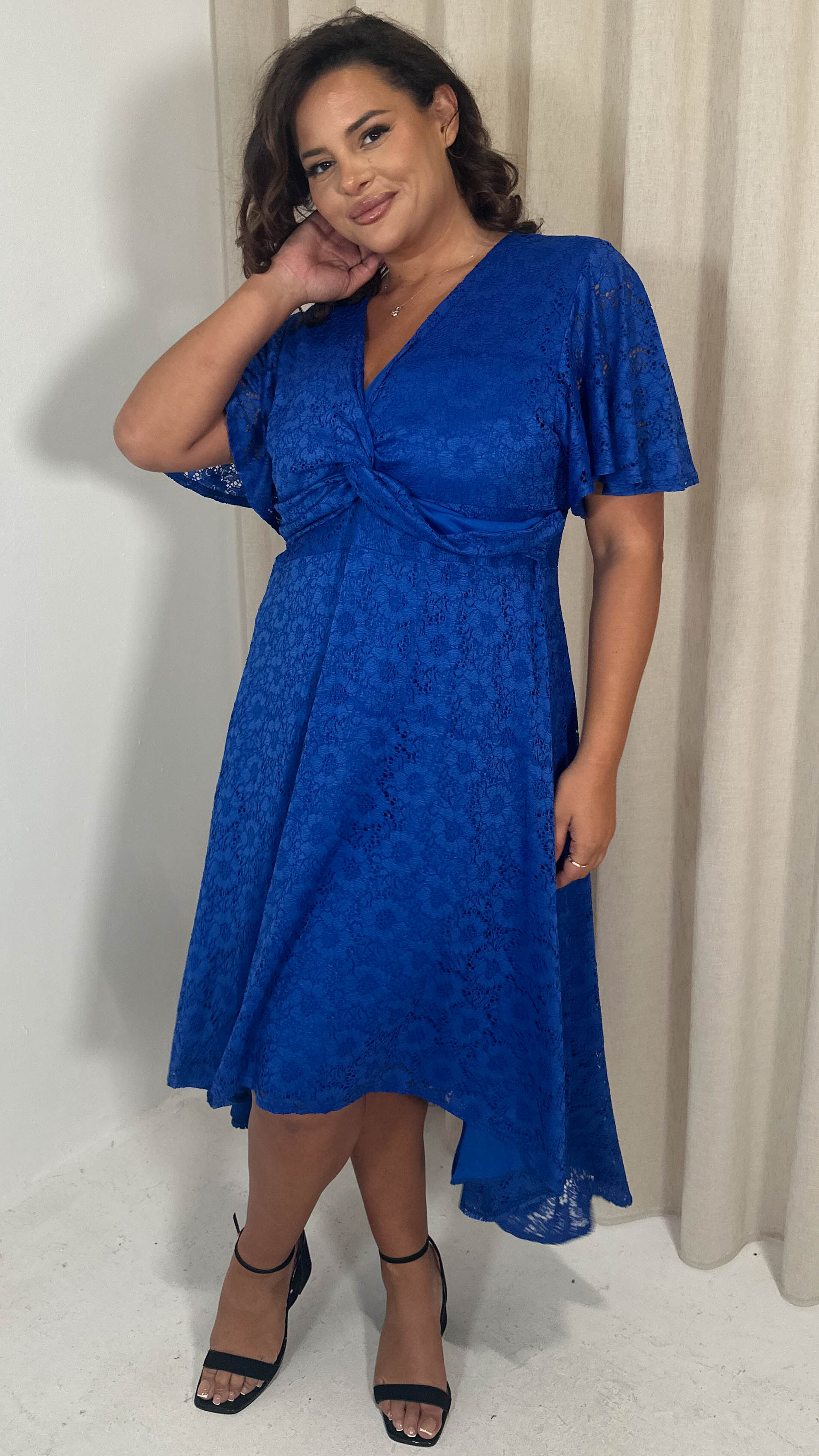 CurveWow Lace Dipped Hem Knot Front Dress Blue - Image 5