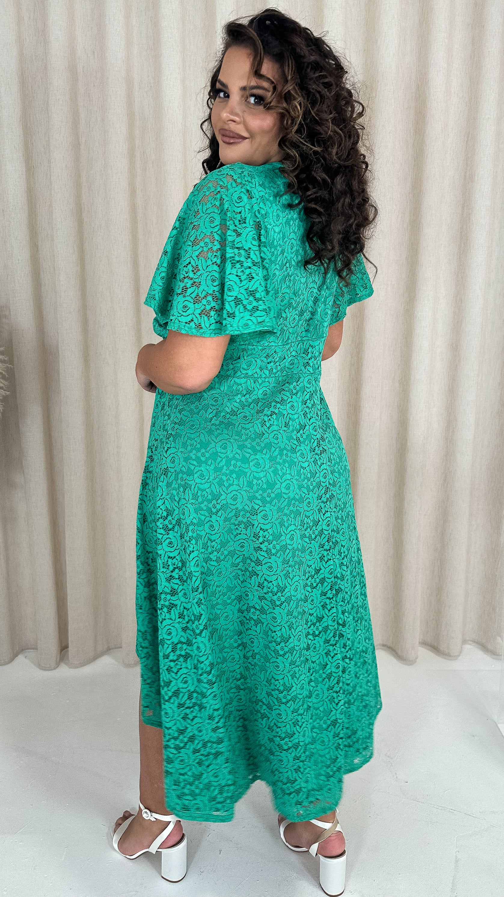 CurveWow Lace Dipped Hem Knot Front Dress Green - Image 8