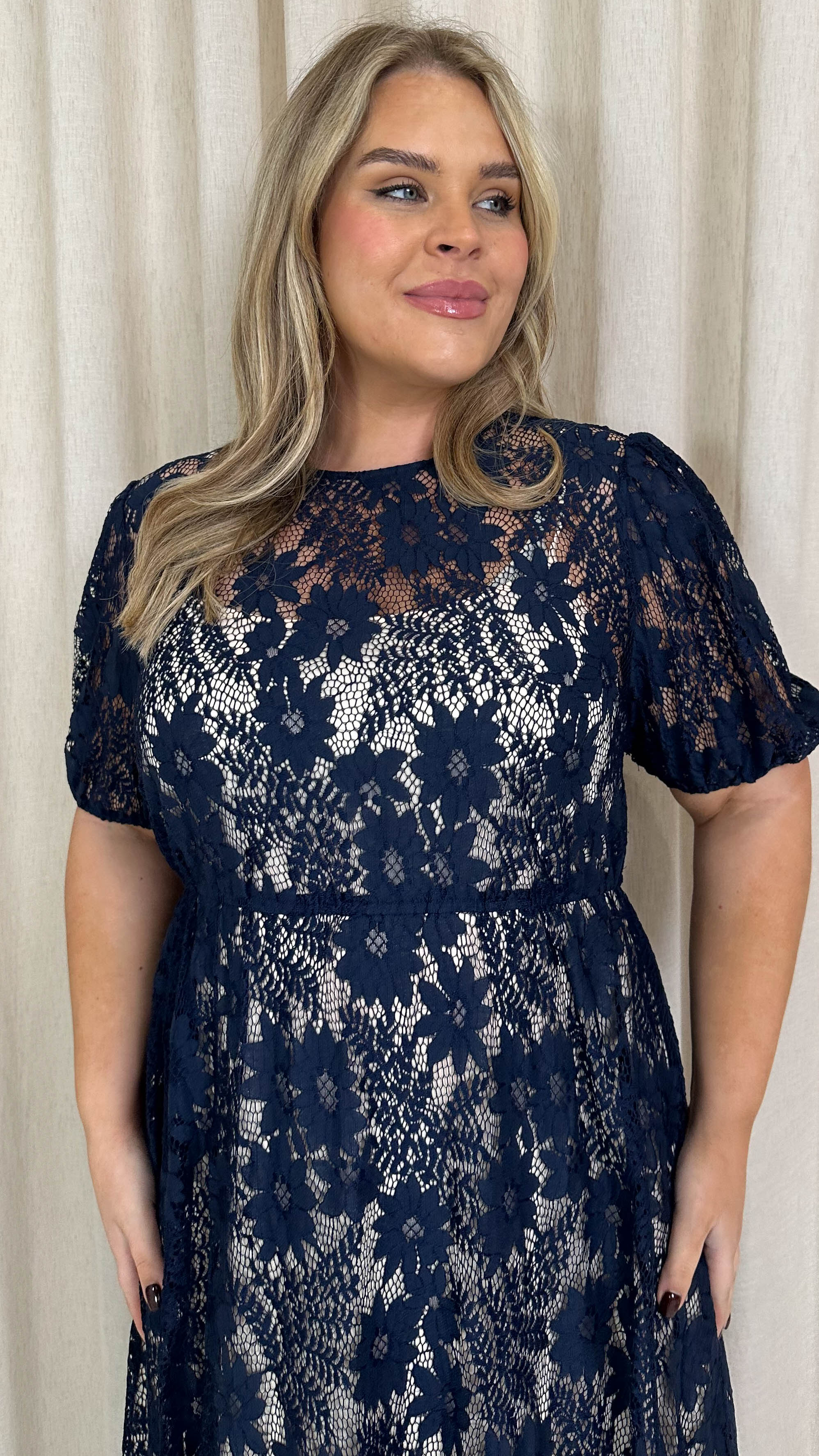 CurveWow Lace Midi Skater Dress Navy - Image 2