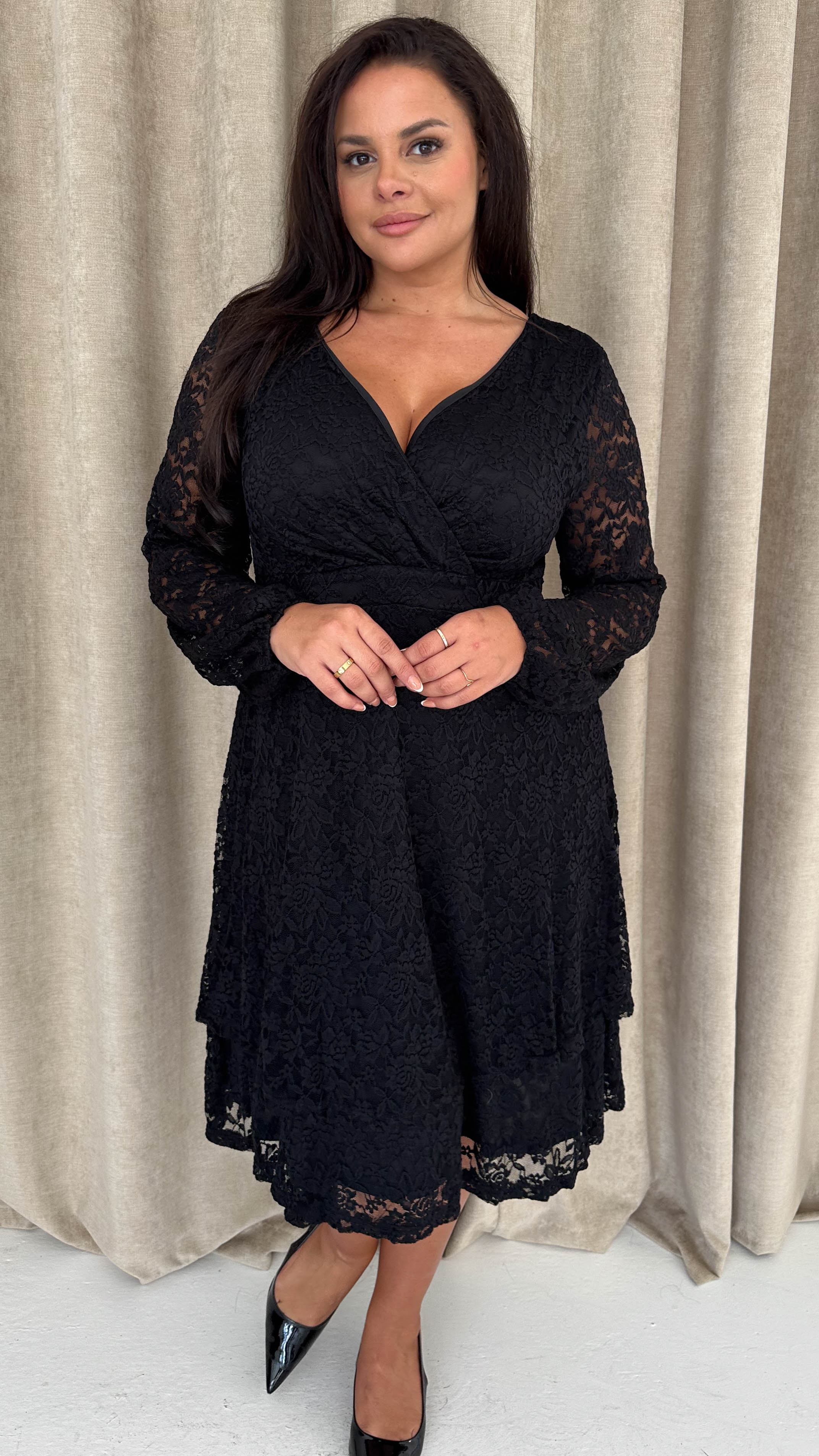 CurveWow Lace Plunge Ruffle Skater Dress Black - Image 6