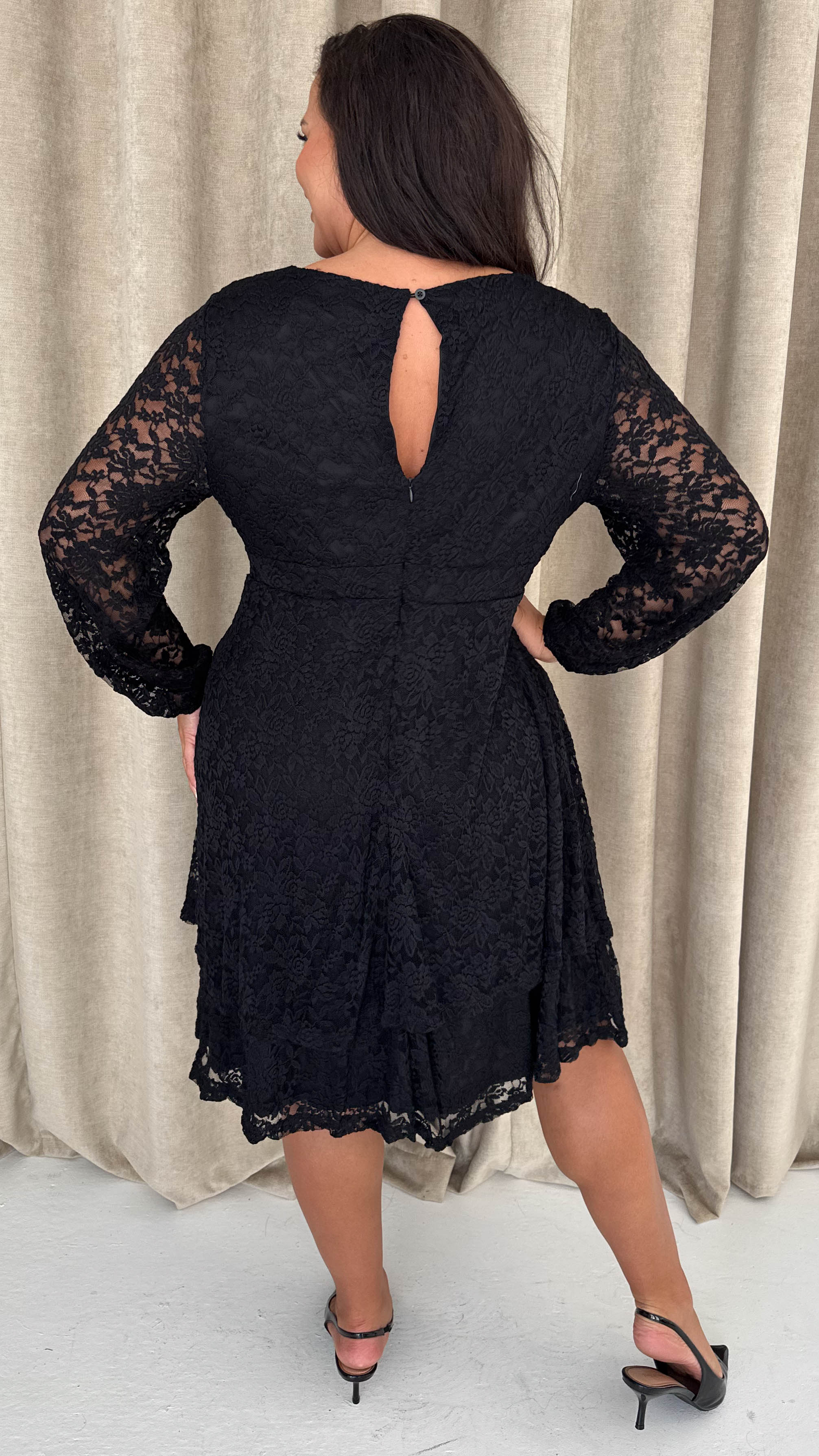 CurveWow Lace Plunge Ruffle Skater Dress Black - Image 7