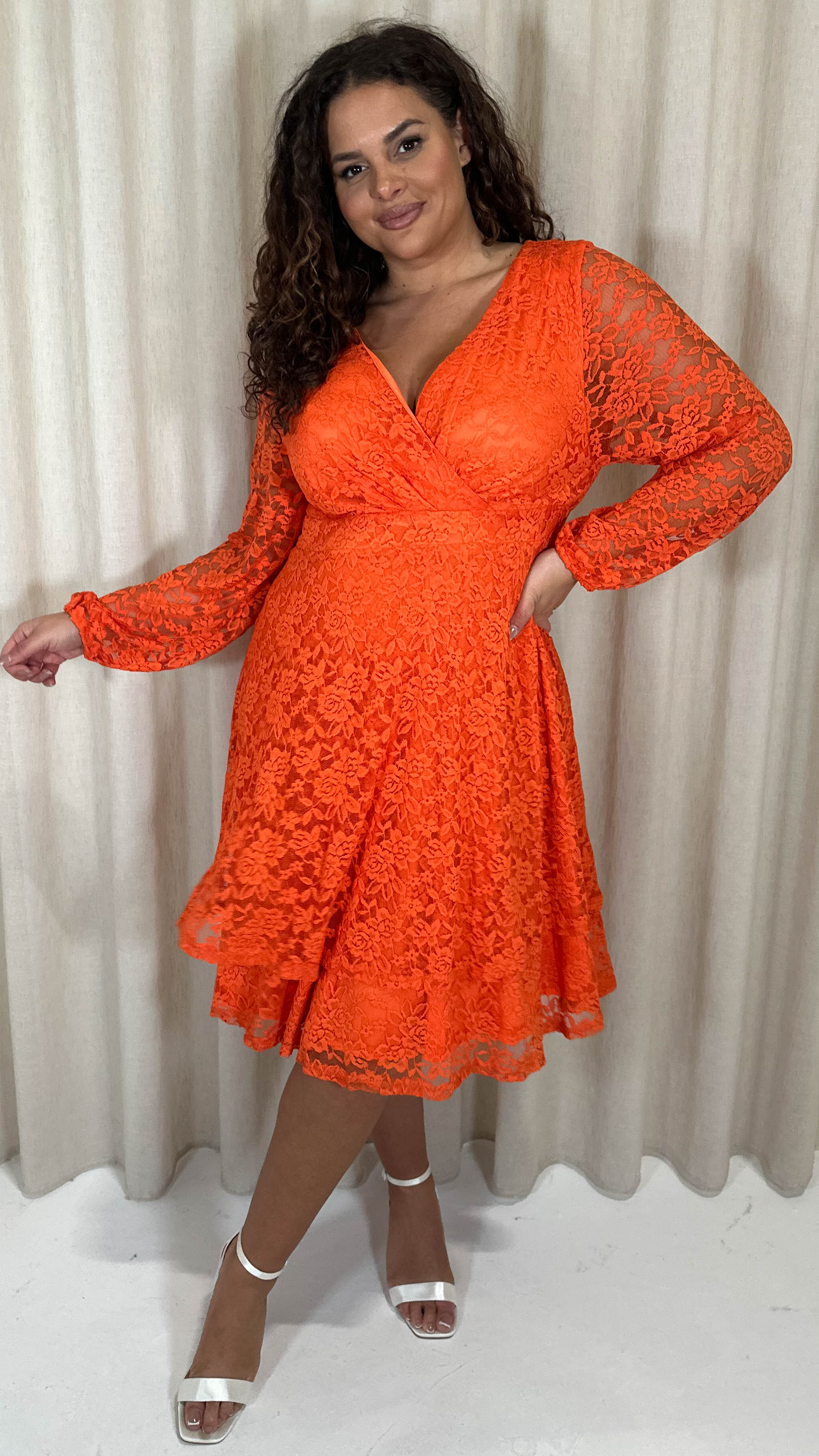 CurveWow Lace Plunge Ruffle Skater Dress Orange - Image 5