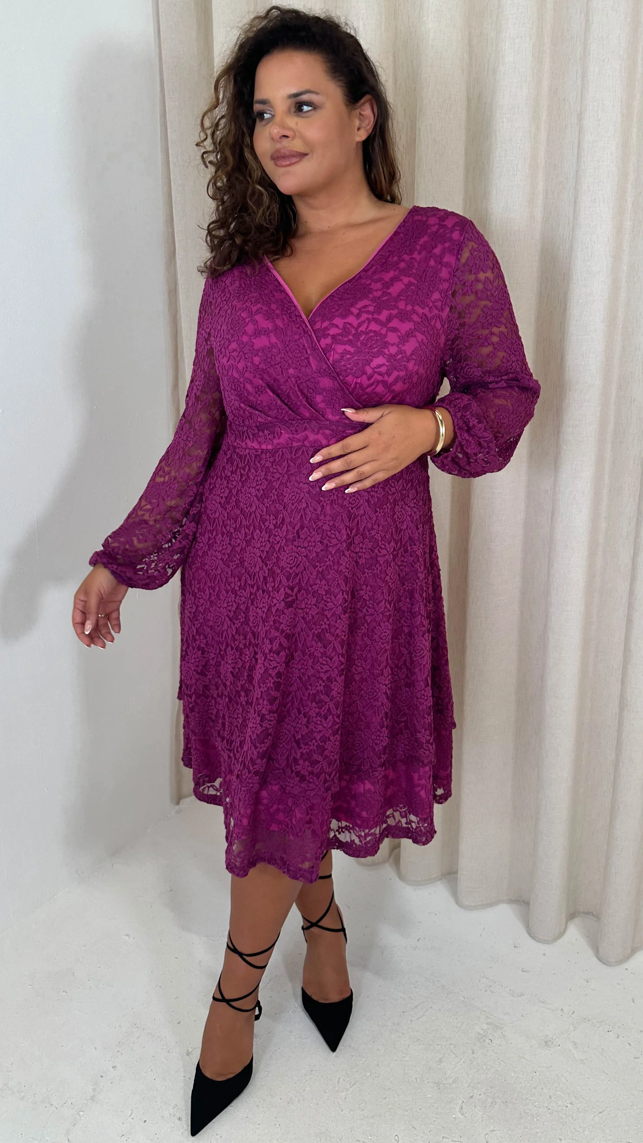 CurveWow Lace Plunge Ruffle Skater Dress Magenta - Image 6