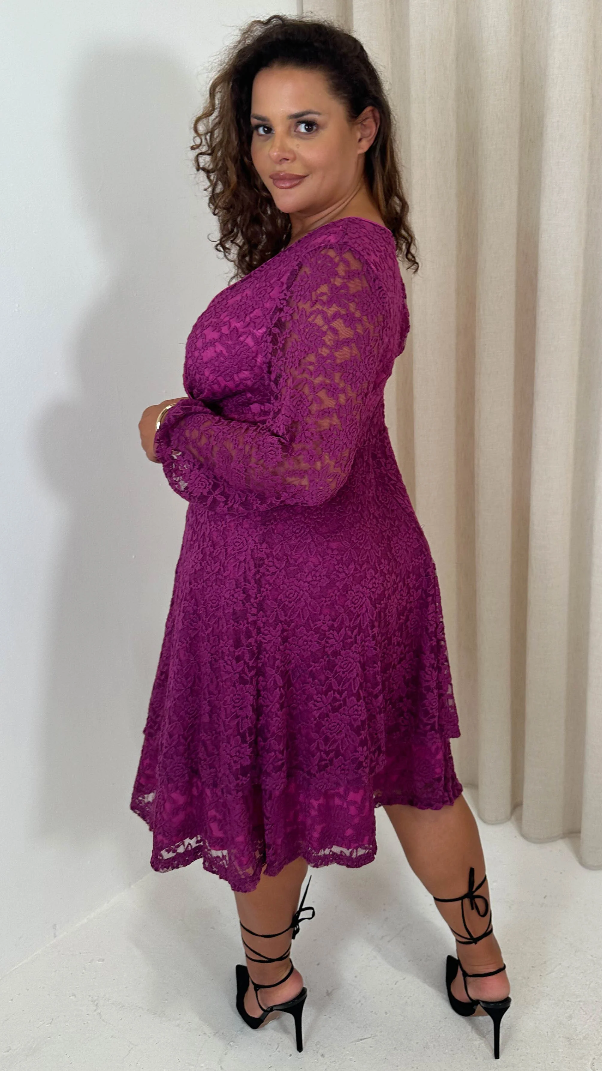 CurveWow Lace Plunge Ruffle Skater Dress Magenta - Image 8