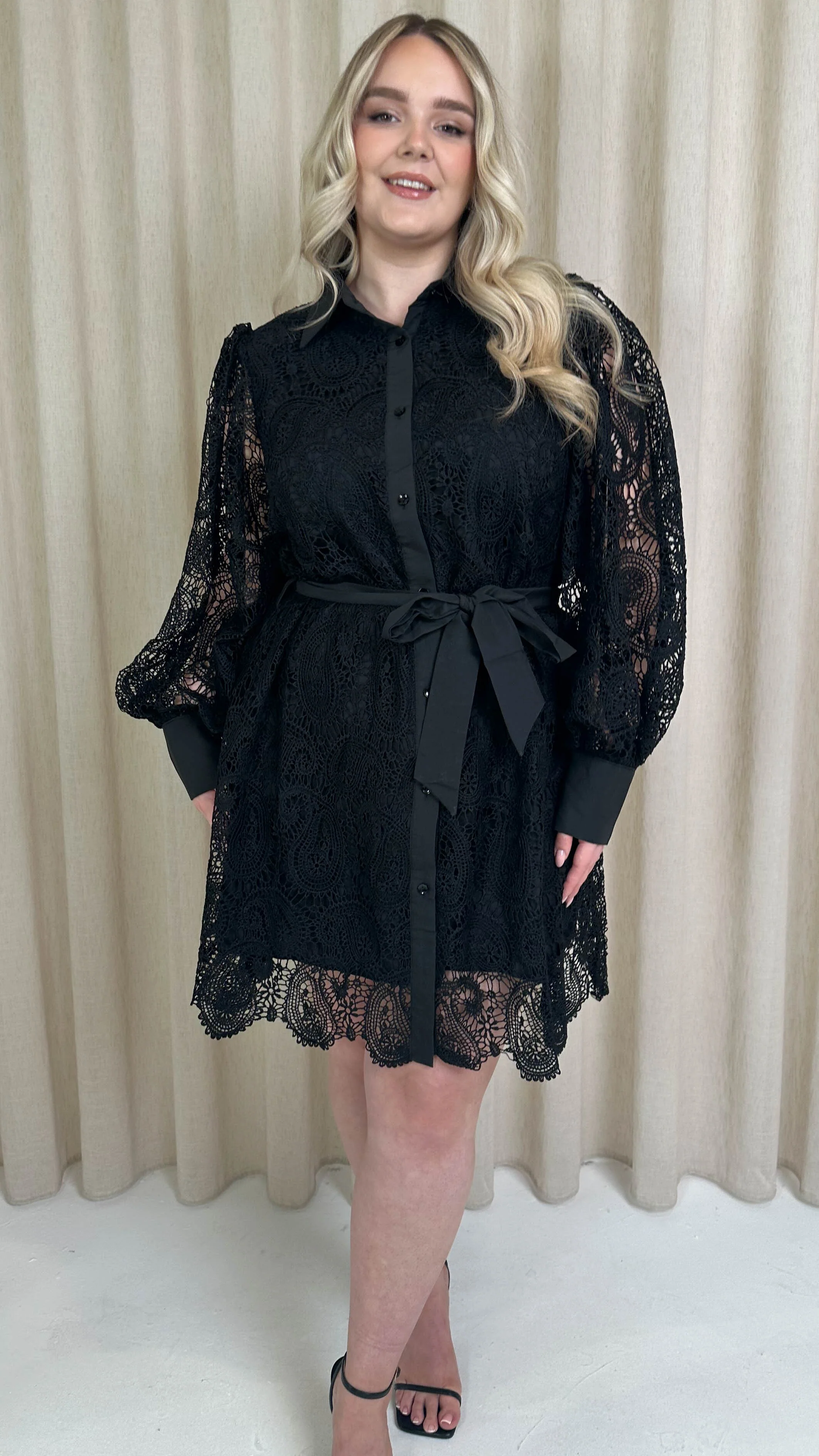 CurveWow Lace Tie Waist Shirt Dress Black - Image 4