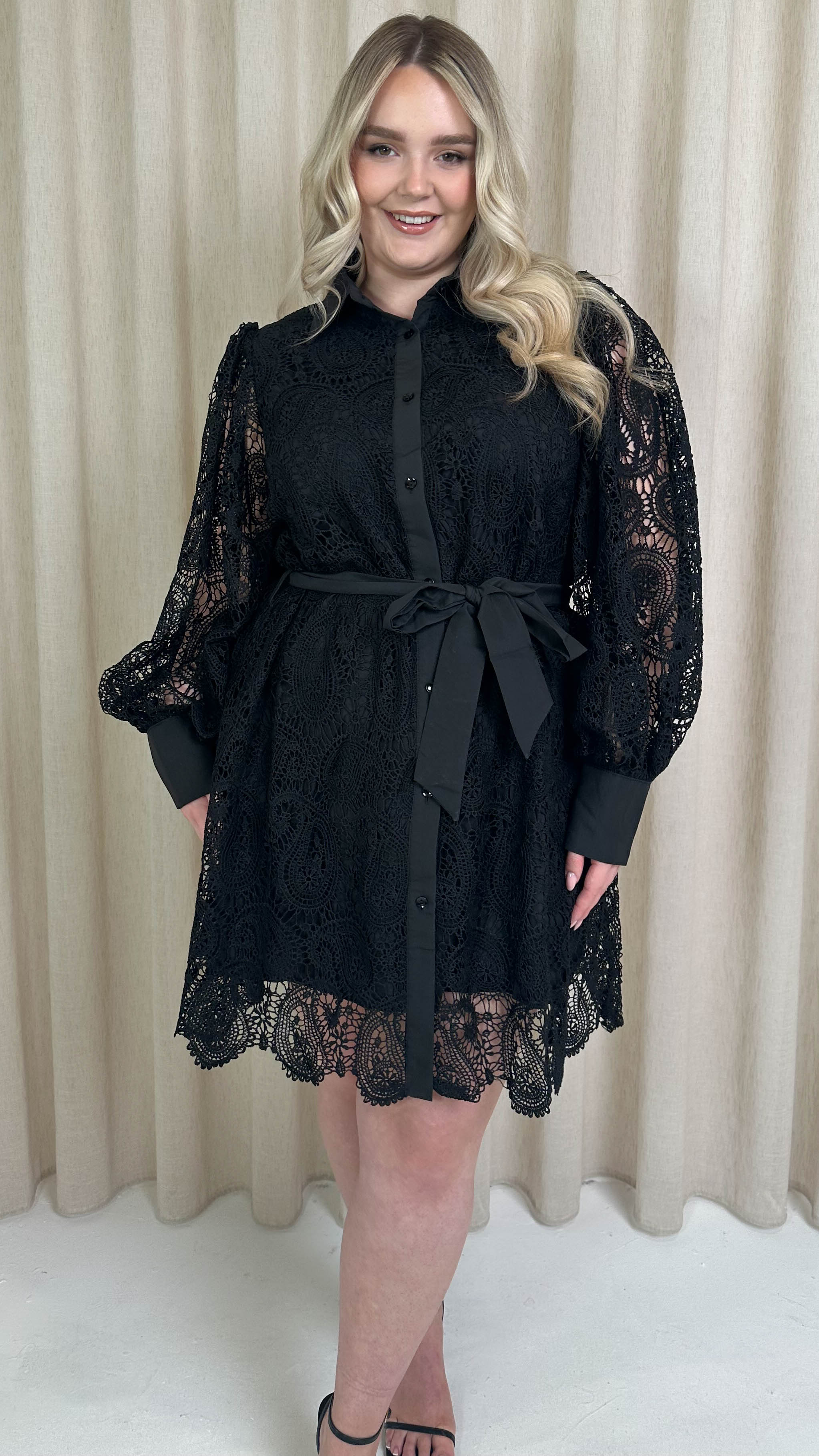 CurveWow Lace Tie Waist Shirt Dress Black - Image 5