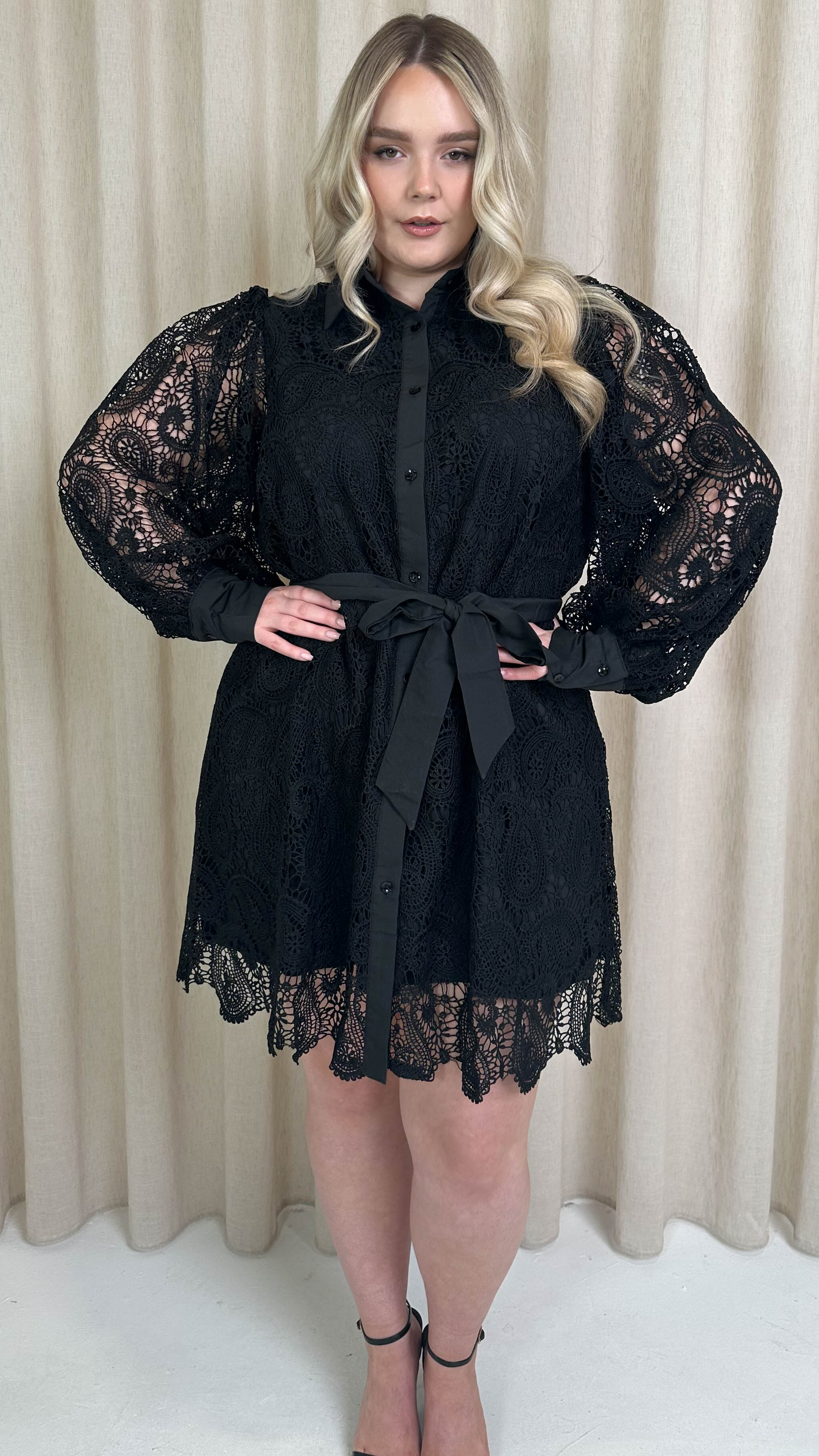 CurveWow Lace Tie Waist Shirt Dress Black - Image 6