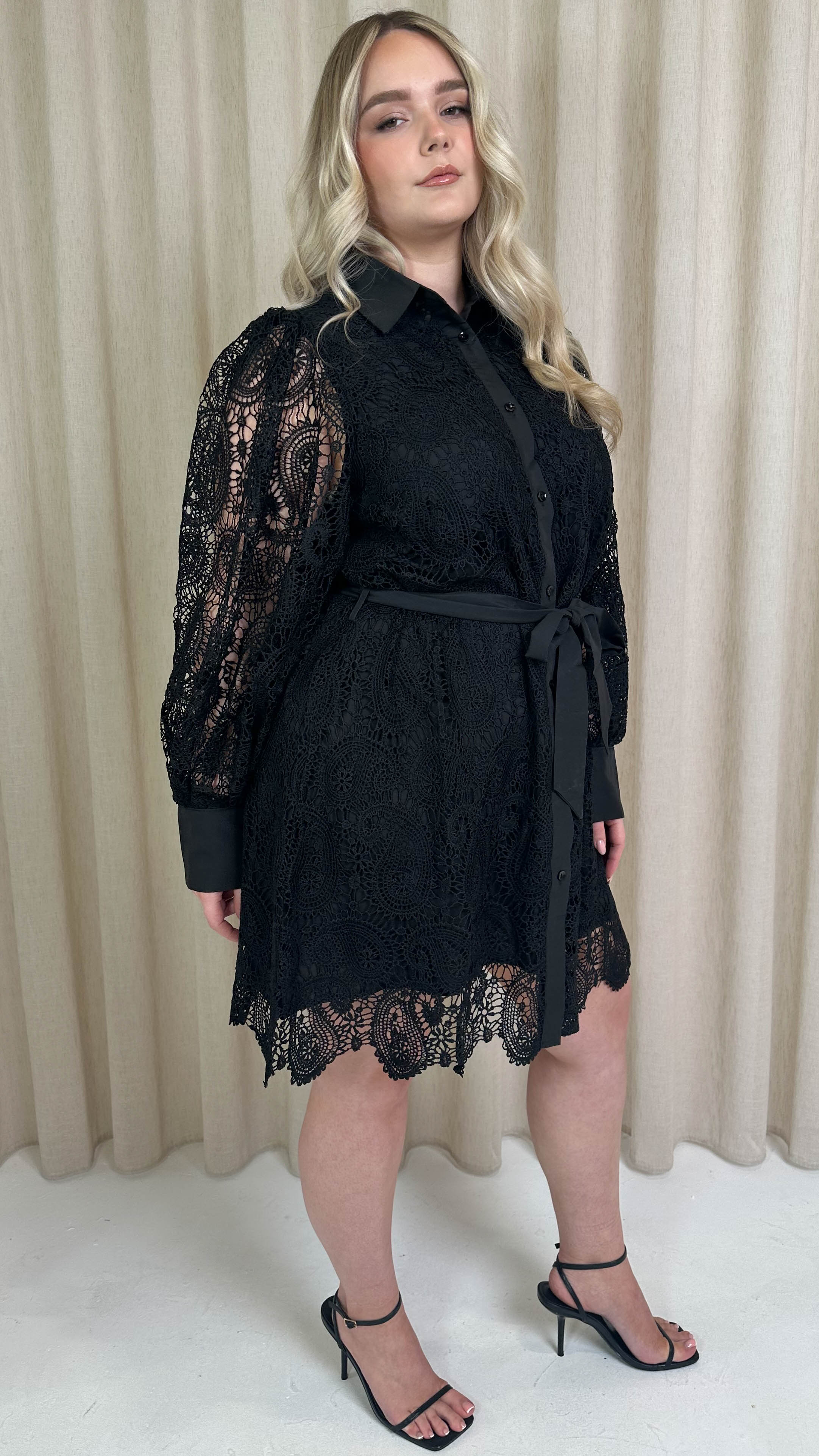 CurveWow Lace Tie Waist Shirt Dress Black - Image 7