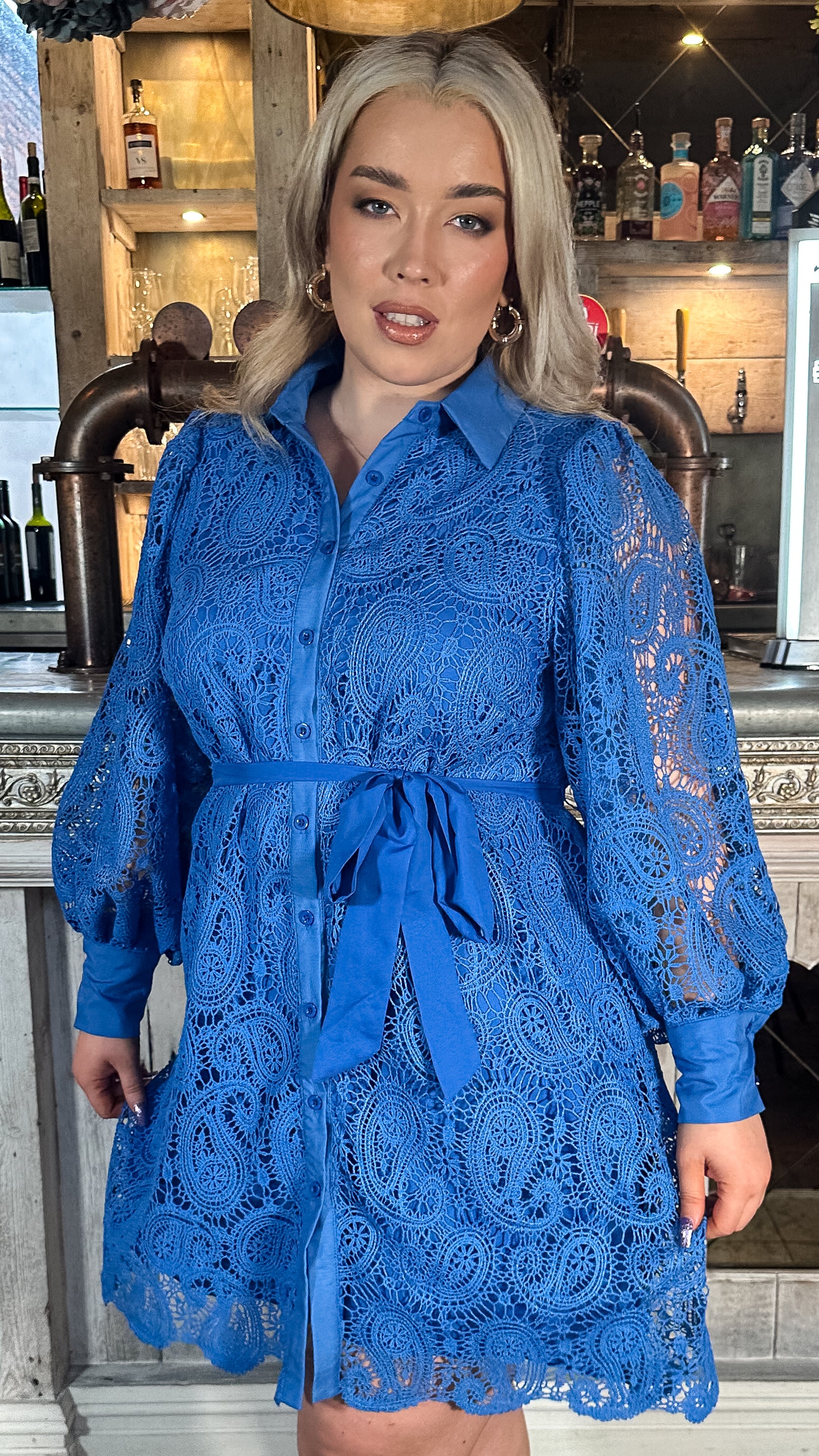 CurveWow Lace Tie Waist Shirt Dress Cobalt Blue - Image 5