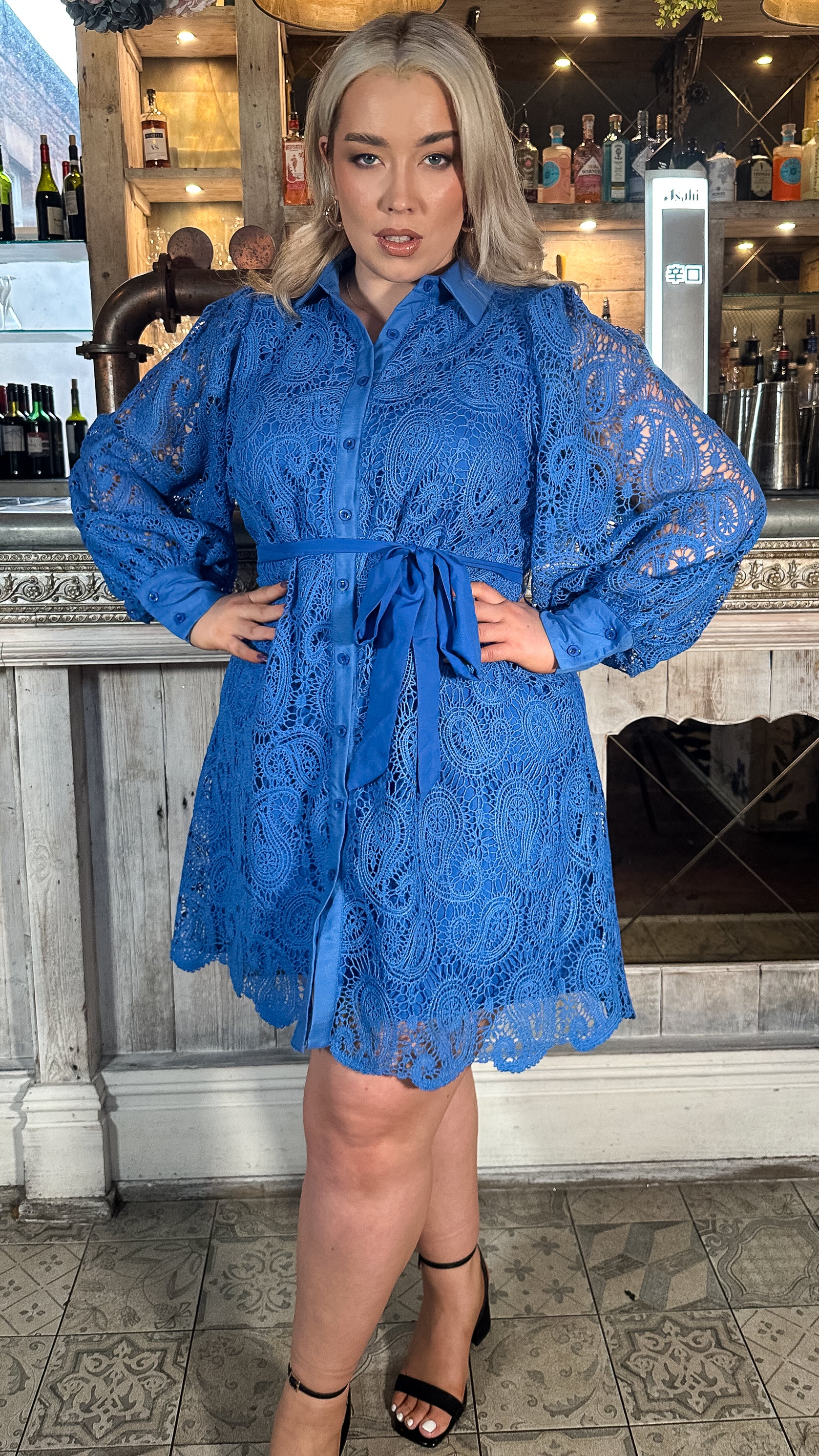 CurveWow Lace Tie Waist Shirt Dress Cobalt Blue - Image 7
