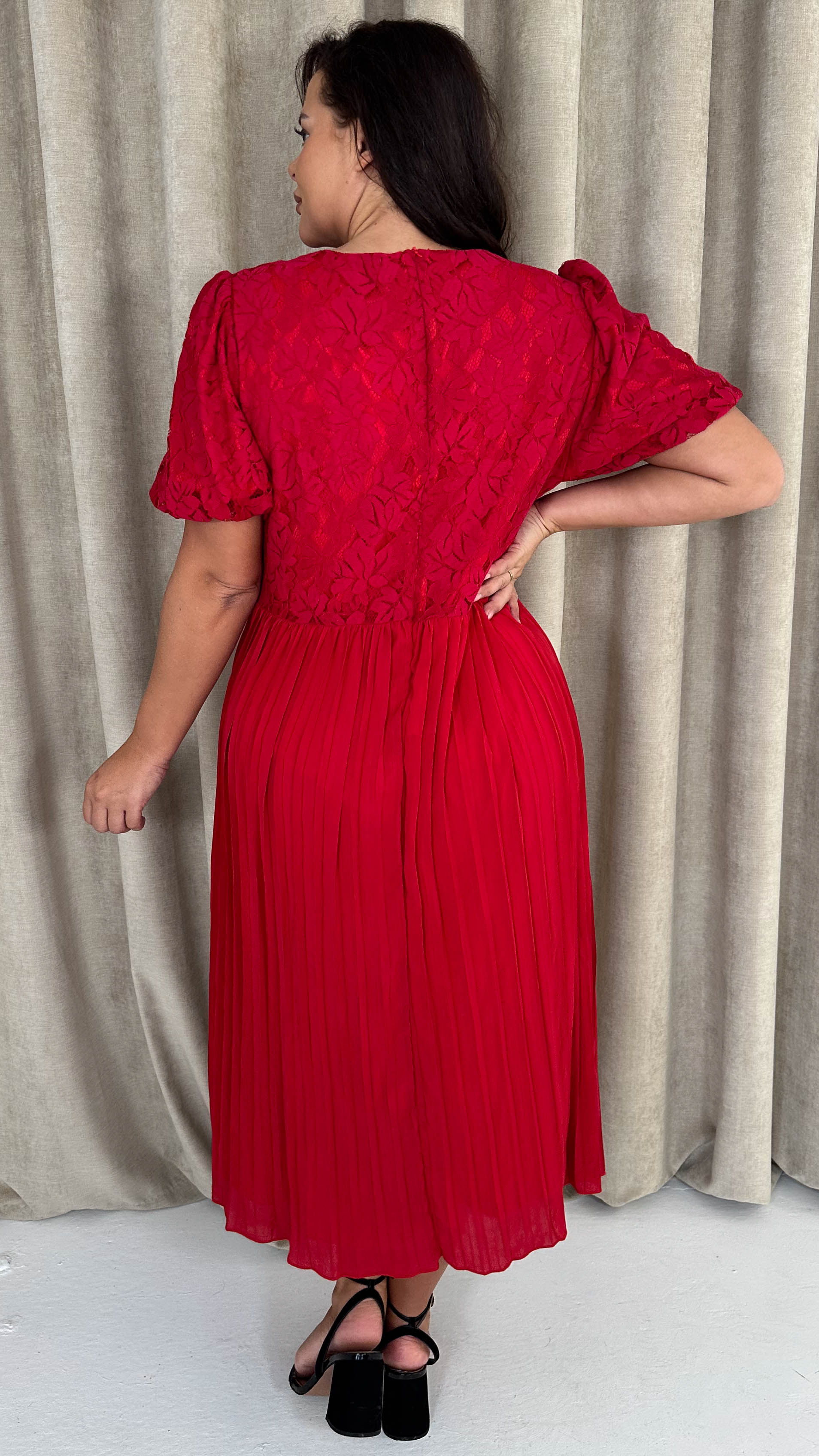 CurveWow Lace Top Pleated Dress Red - Image 6