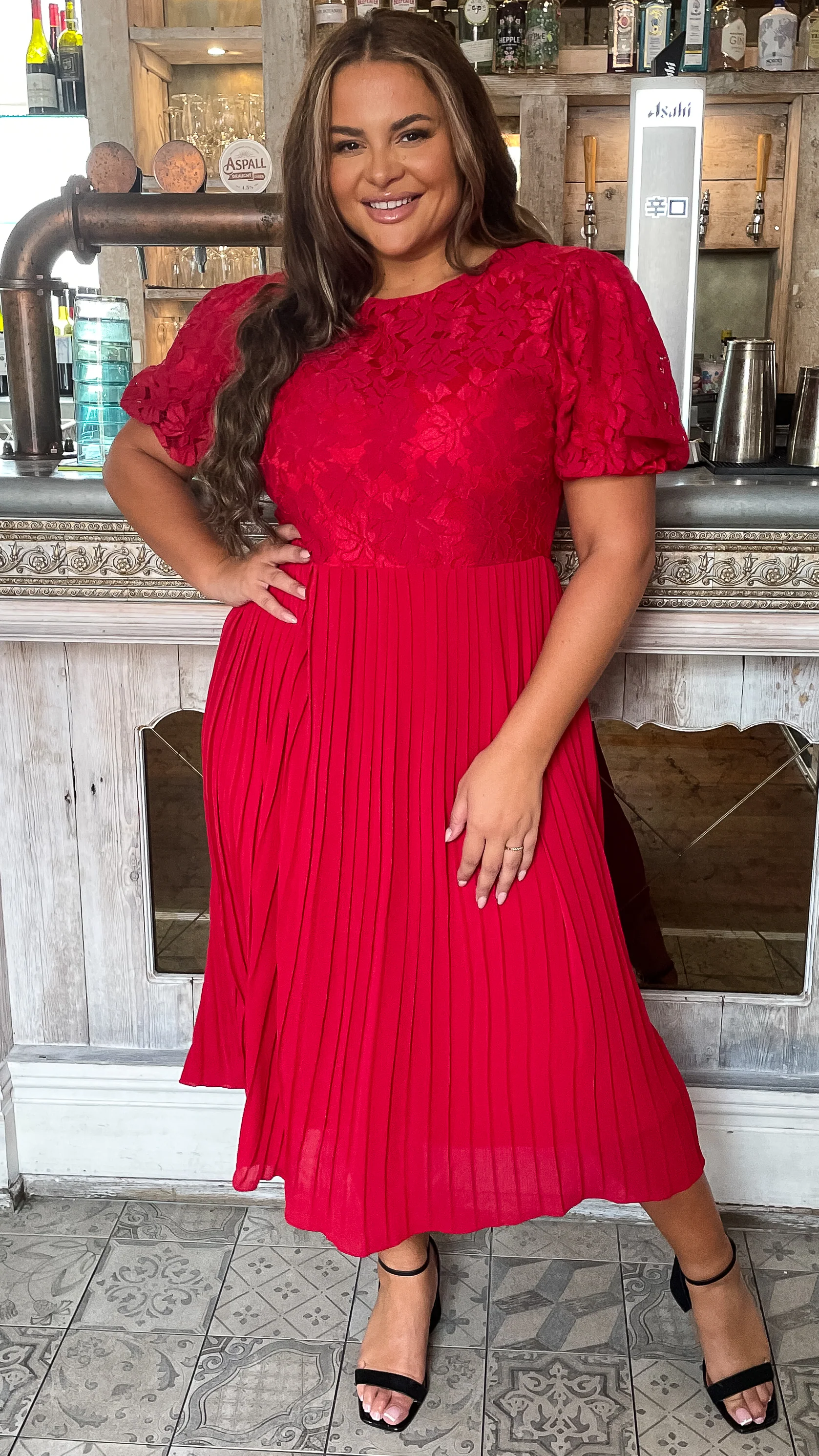 CurveWow Lace Top Pleated Dress Red - Image 7