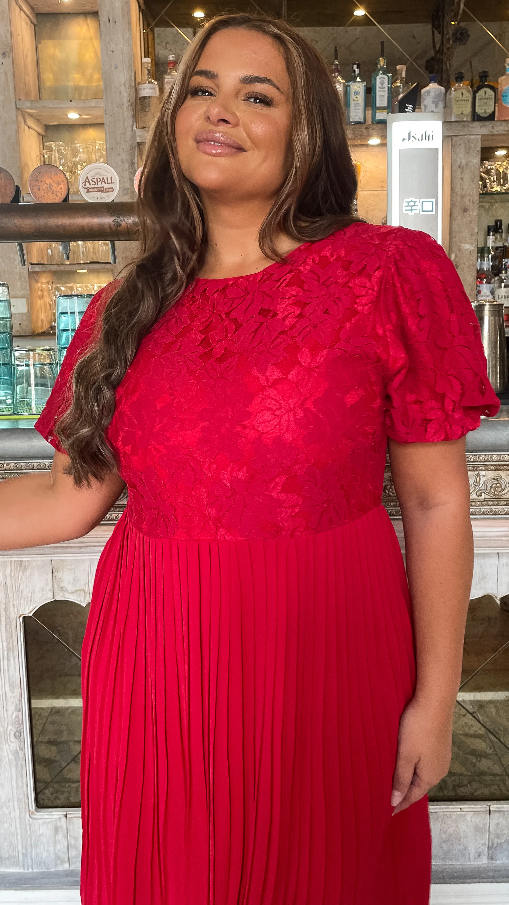 CurveWow Lace Top Pleated Dress Red - Image 8
