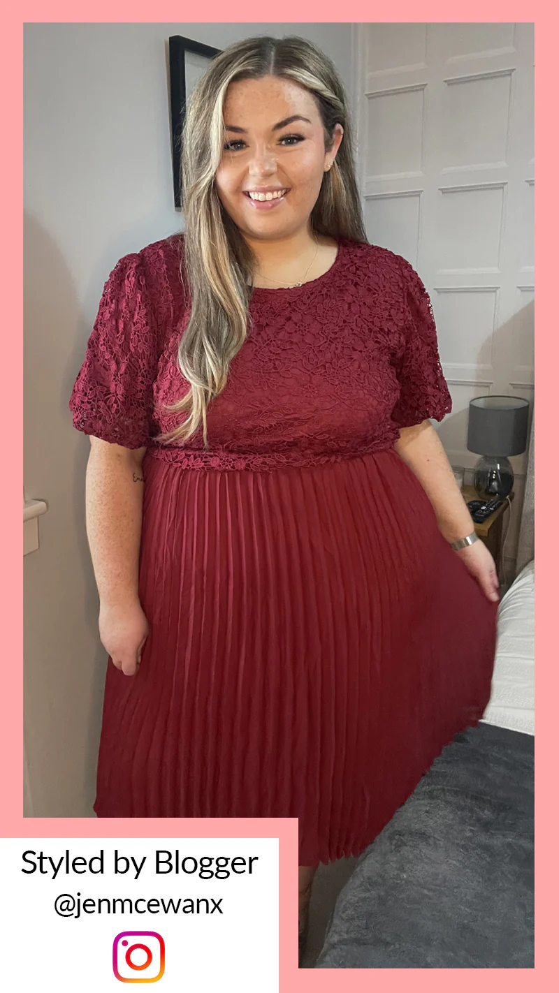 CurveWow Lace Top Pleated Dress Wine - Image 2