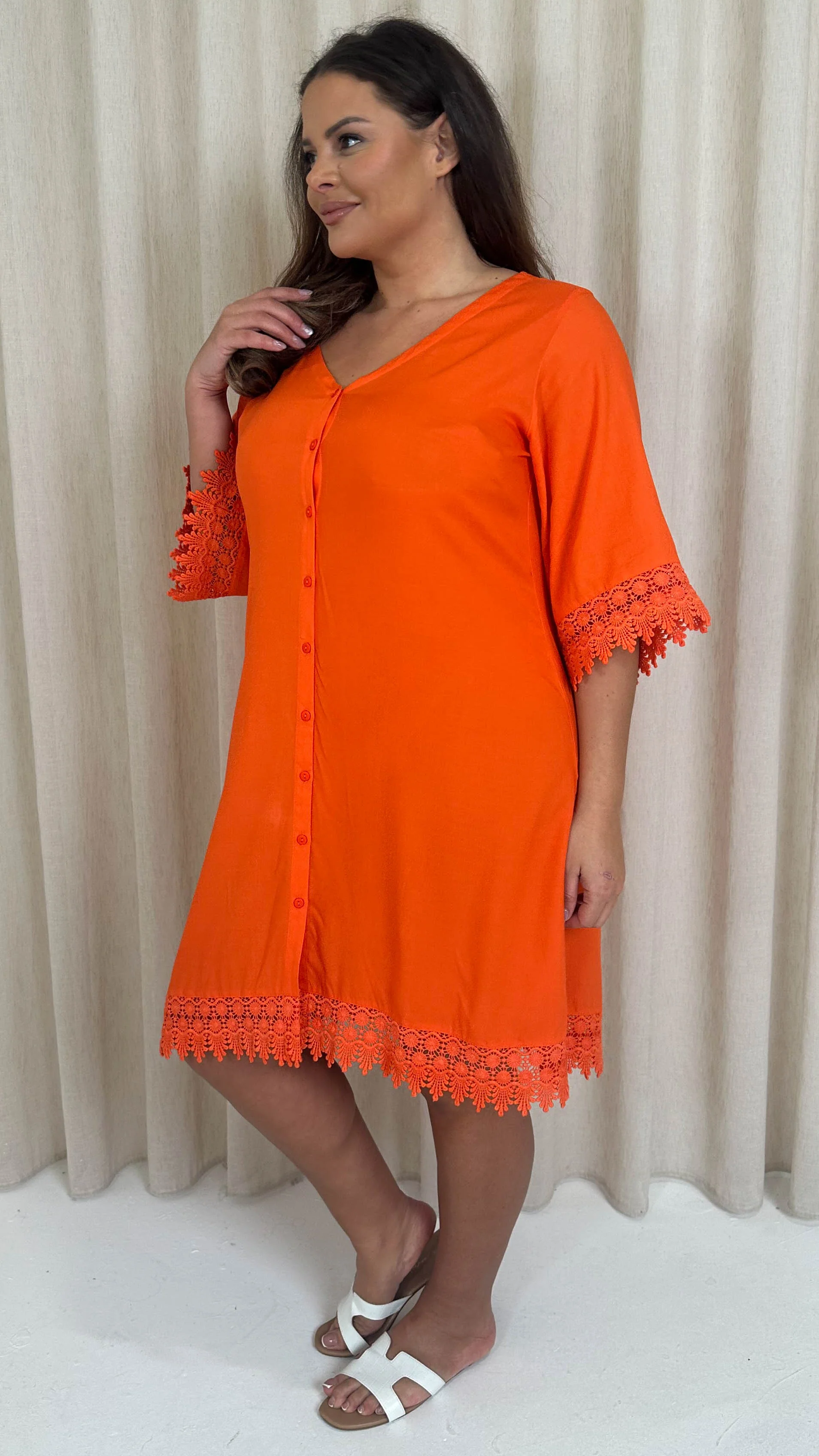 CurveWow Lace Trim Button Front Tunic Dress Red/Orange - Image 4