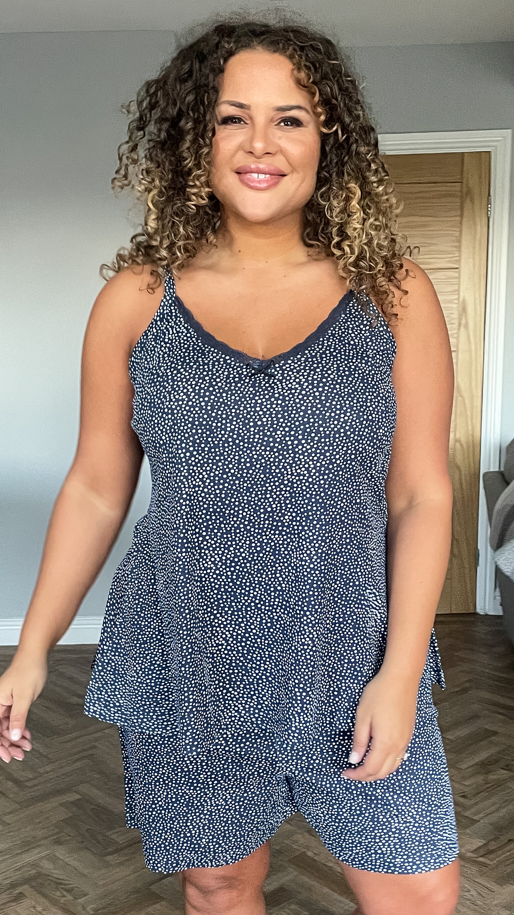 CurveWow Lace Trim Pyjama Set Navy Spot