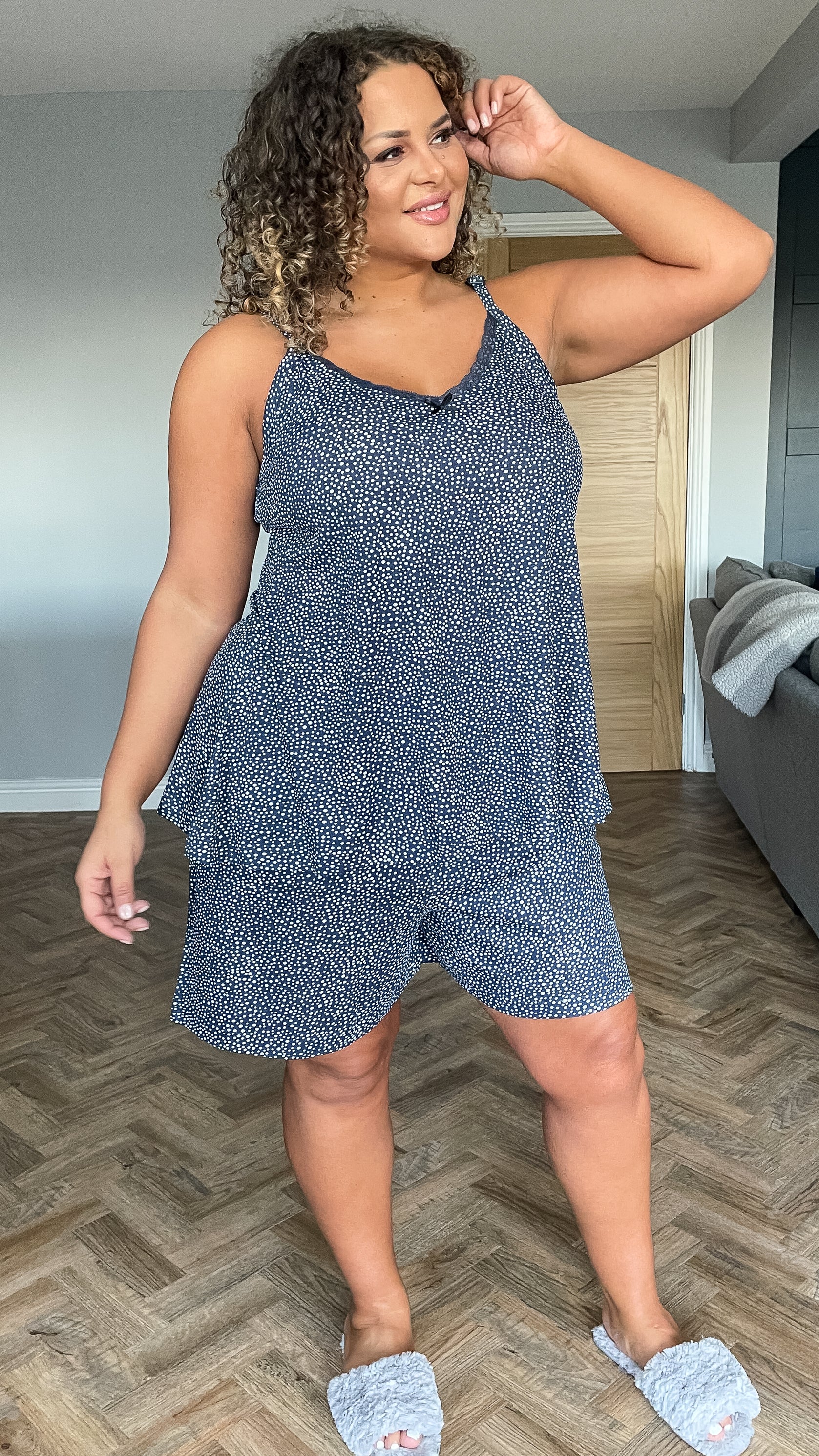 CurveWow Lace Trim Pyjama Set Navy Spot - Image 3