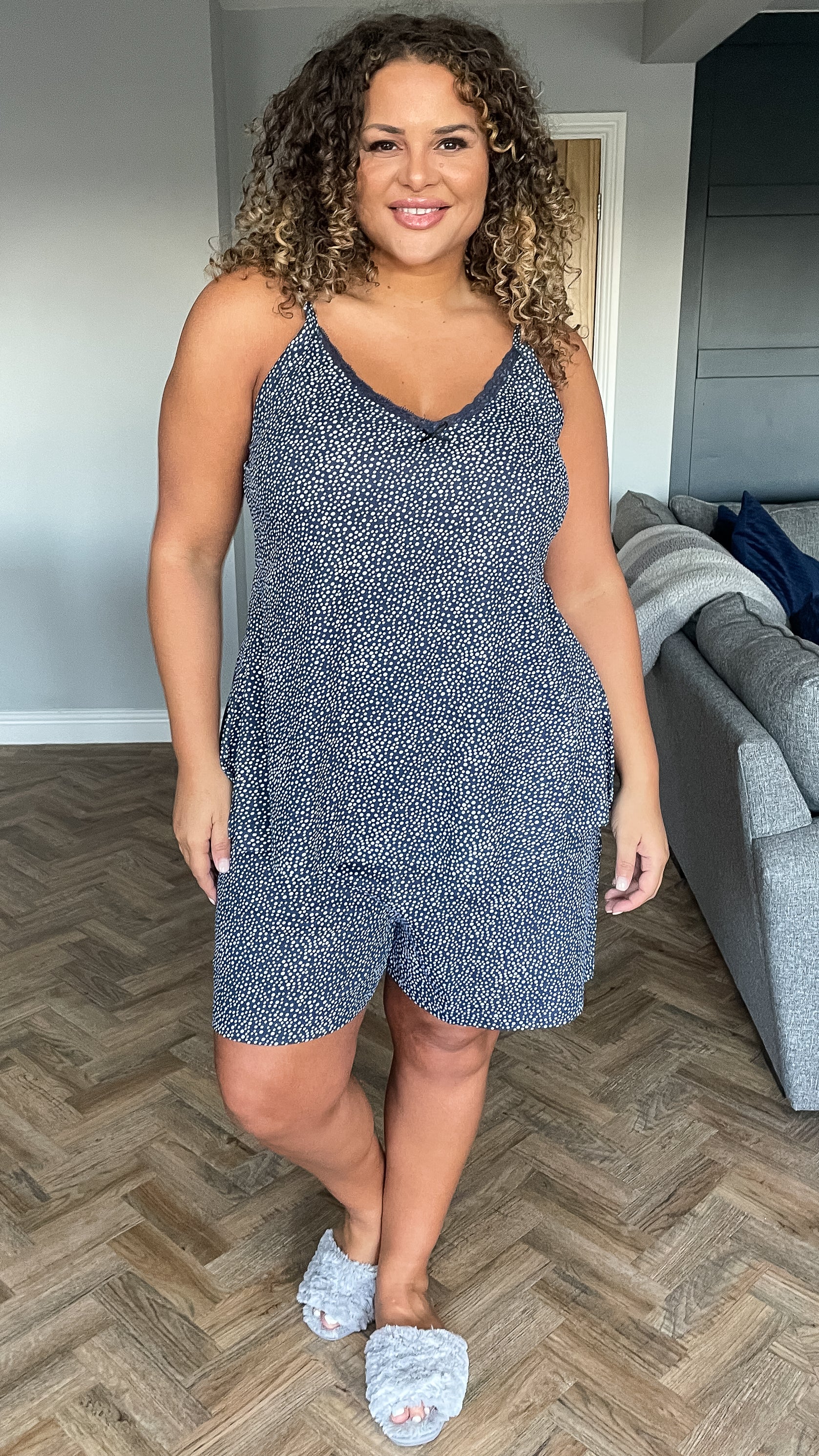 CurveWow Lace Trim Pyjama Set Navy Spot - Image 4