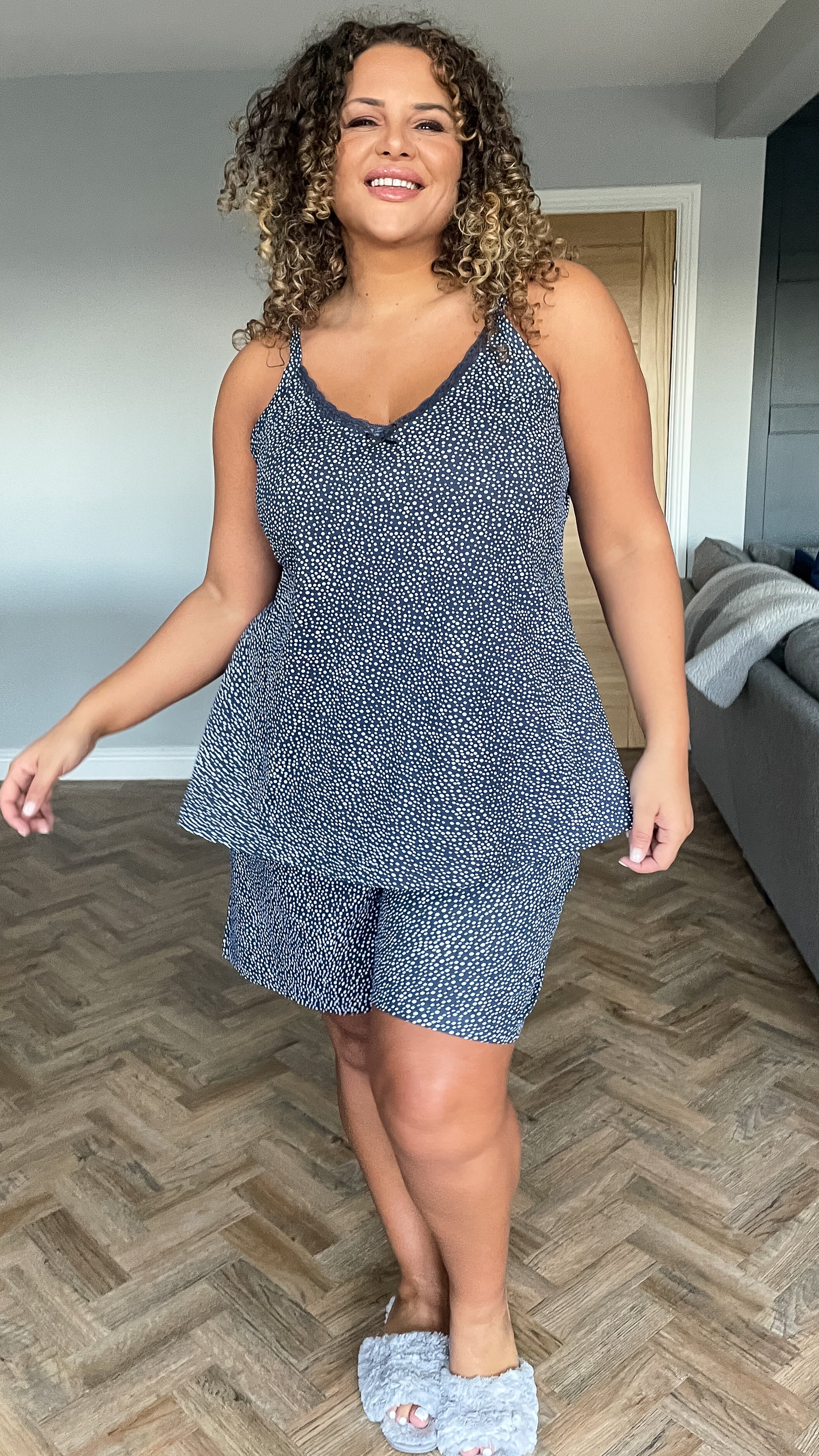 CurveWow Lace Trim Pyjama Set Navy Spot - Image 5