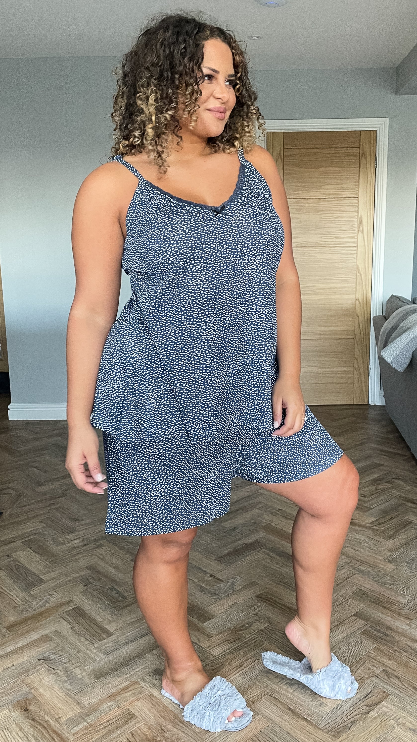 CurveWow Lace Trim Pyjama Set Navy Spot - Image 6