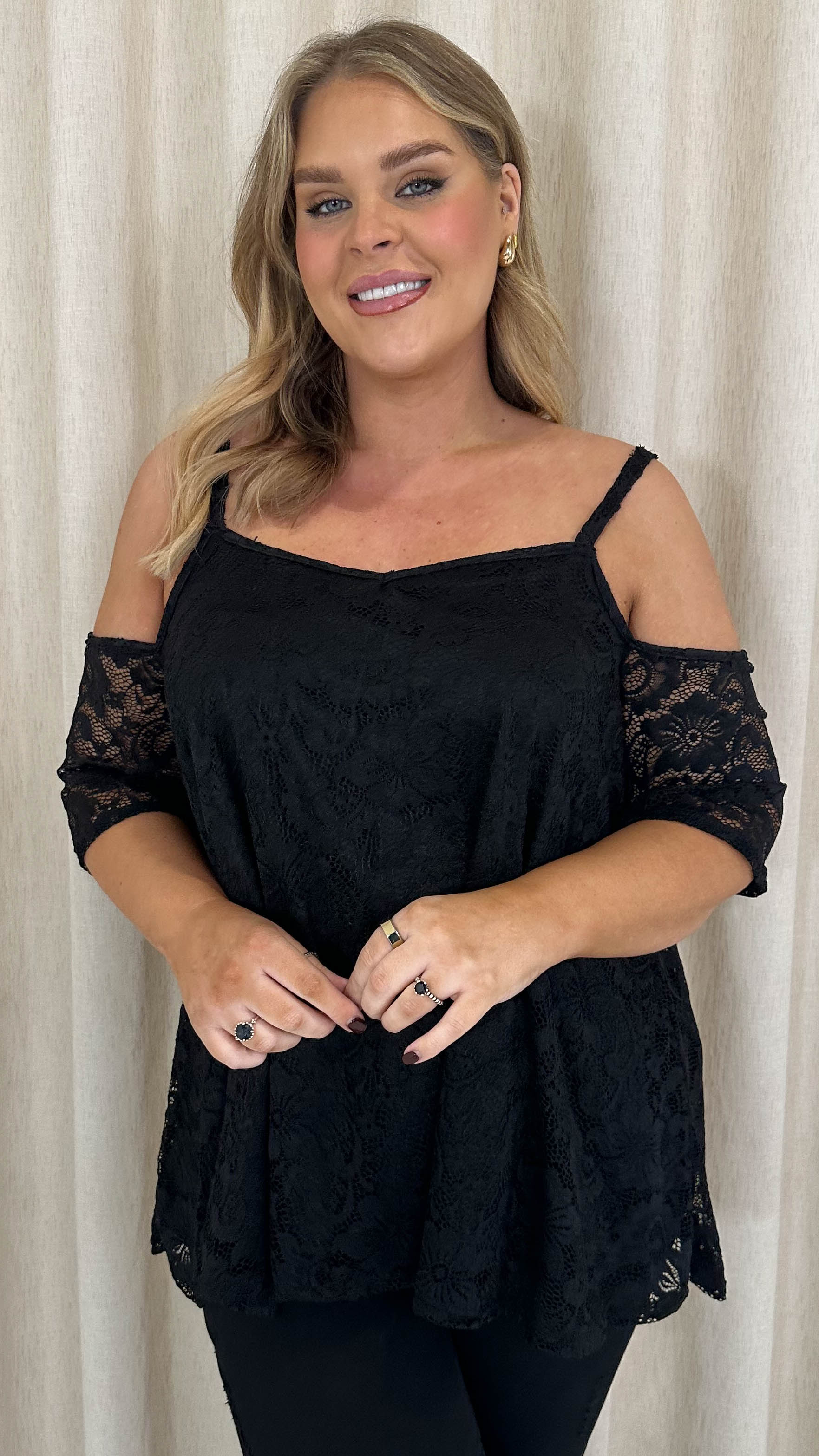 CurveWow Lace Strappy Cold Shoulder Top Black - Image 2