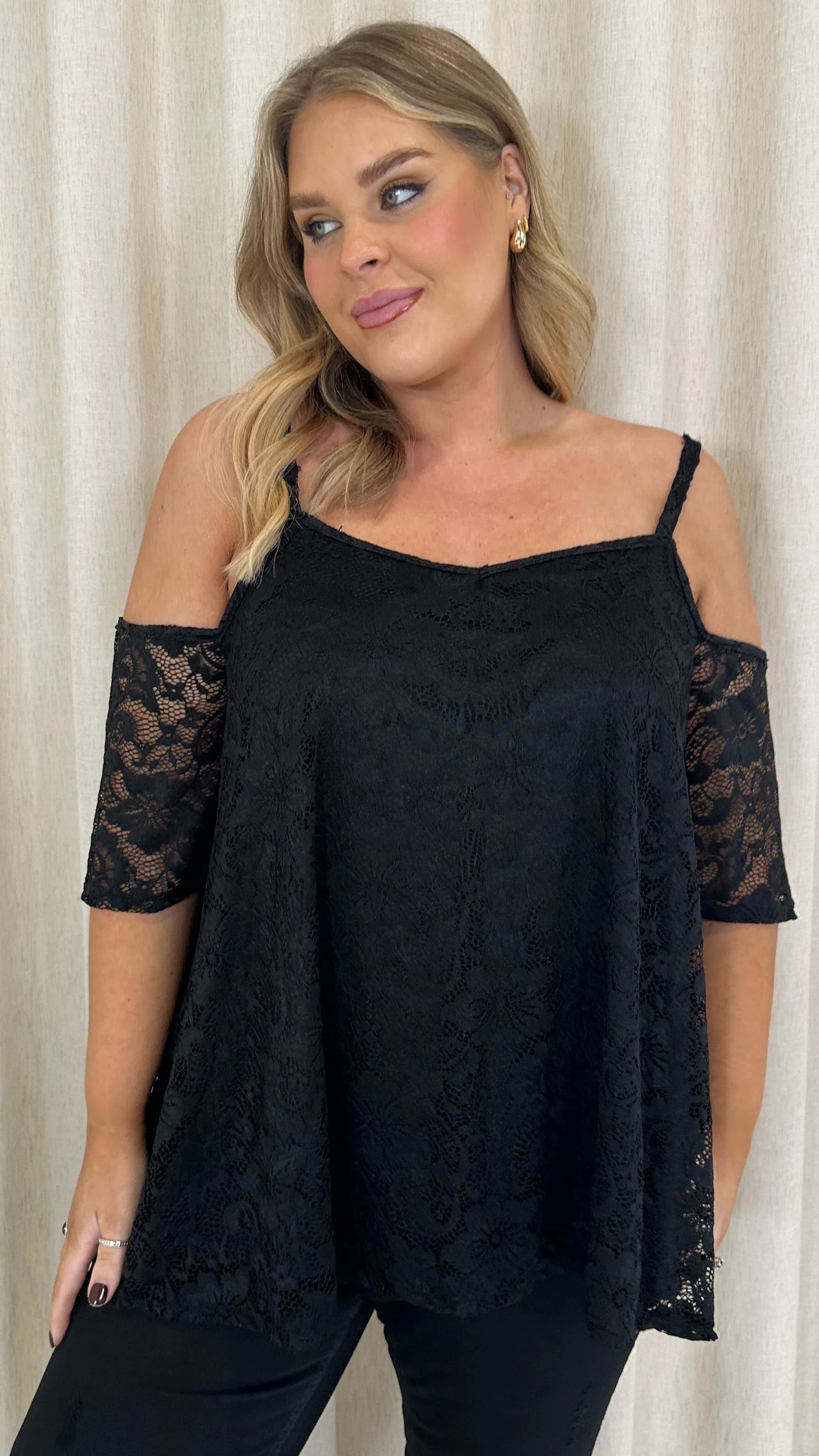 CurveWow Lace Strappy Cold Shoulder Top Black - Image 3