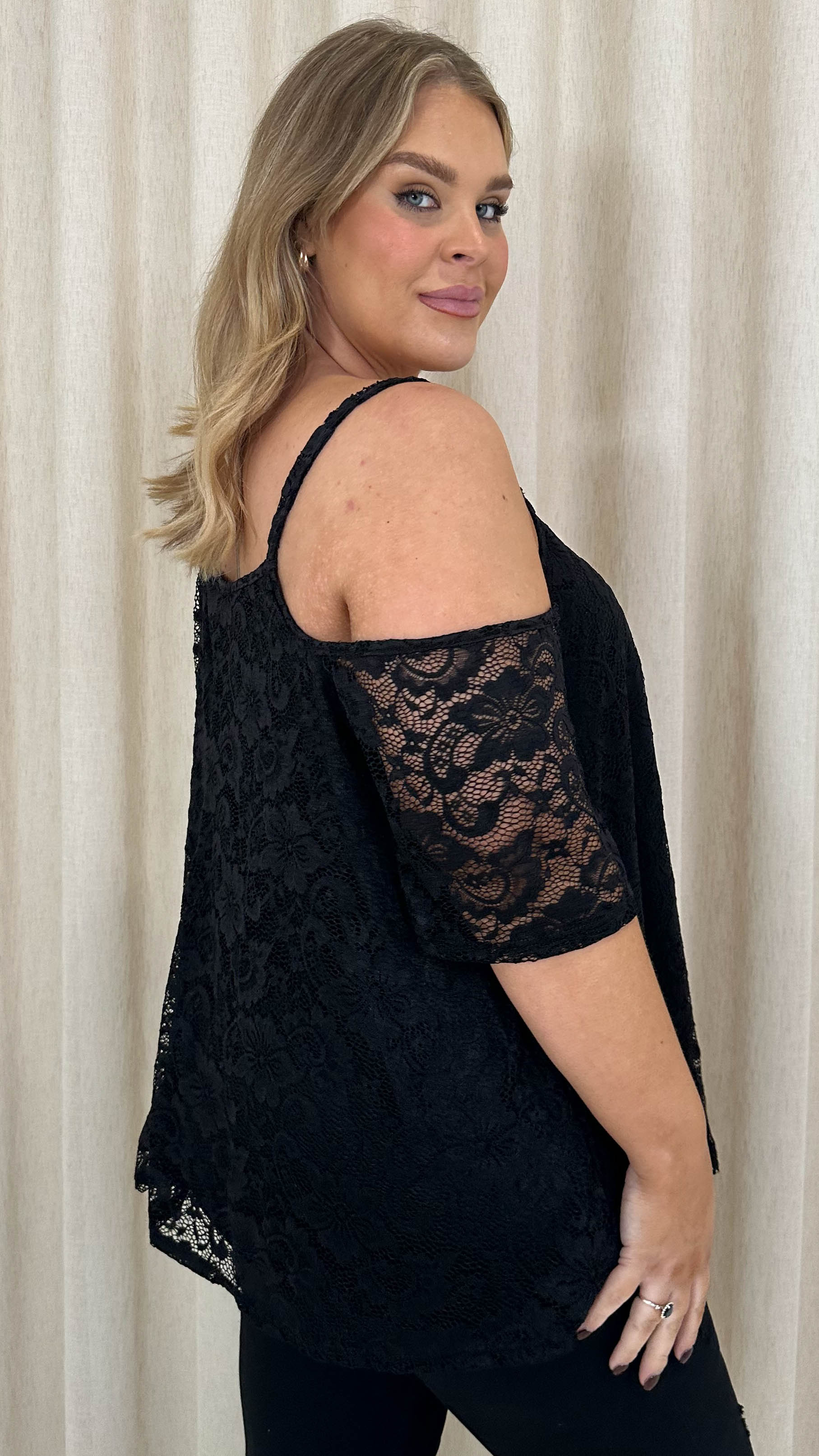 CurveWow Lace Strappy Cold Shoulder Top Black - Image 6