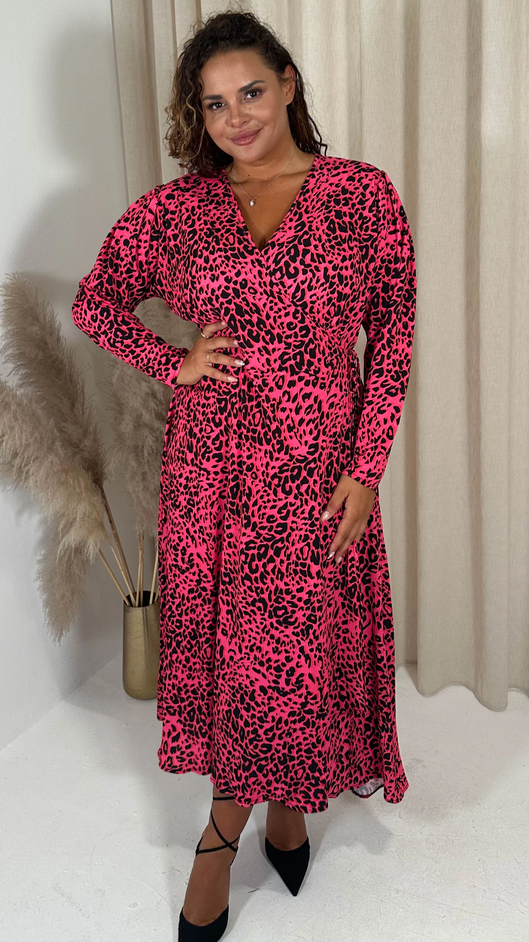 CurveWow Long Sleeve Wrap Dress Pink Animal - Image 3