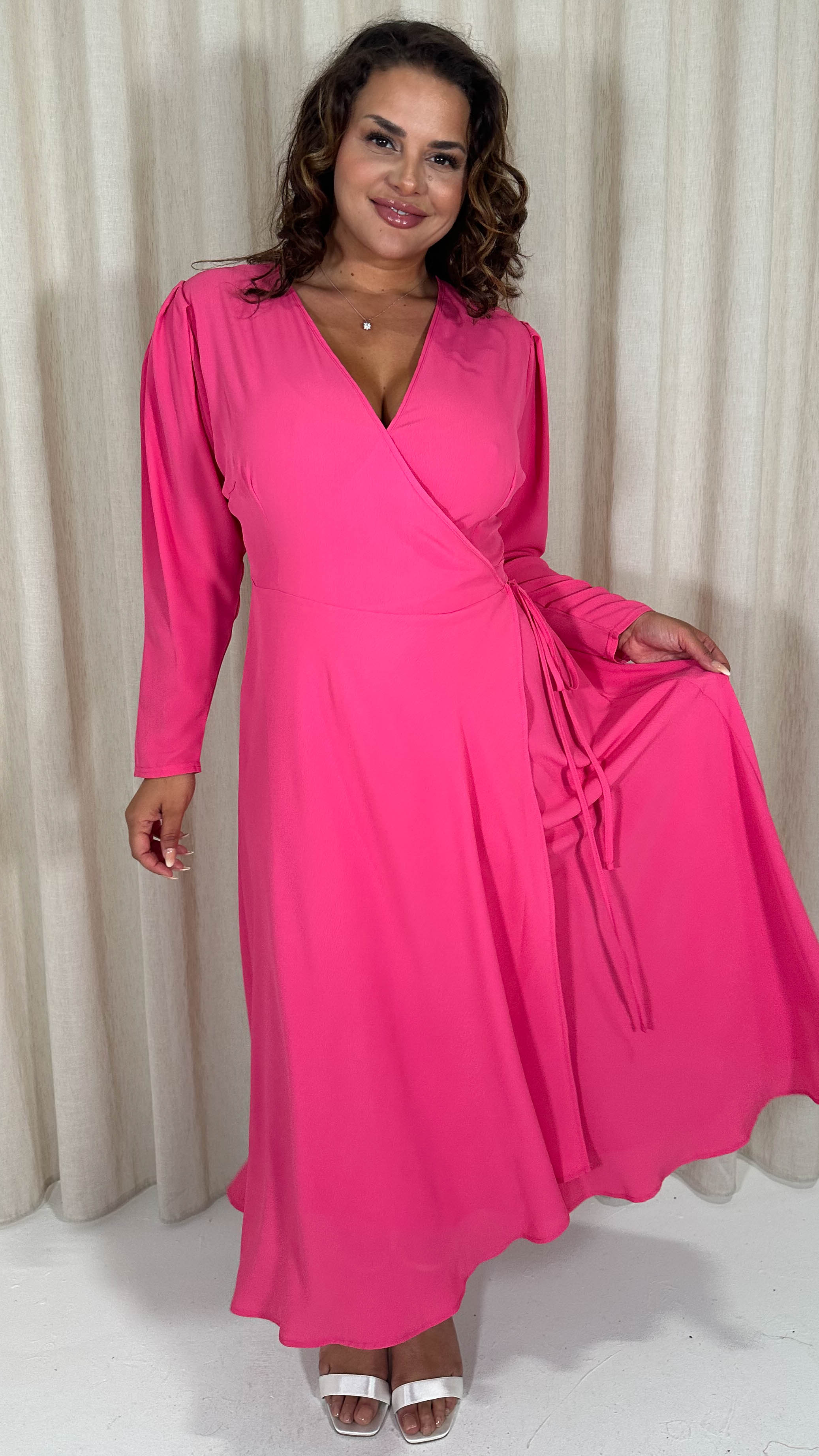CurveWow Long Pleat Sleeve Wrap Dress Pink - Image 3