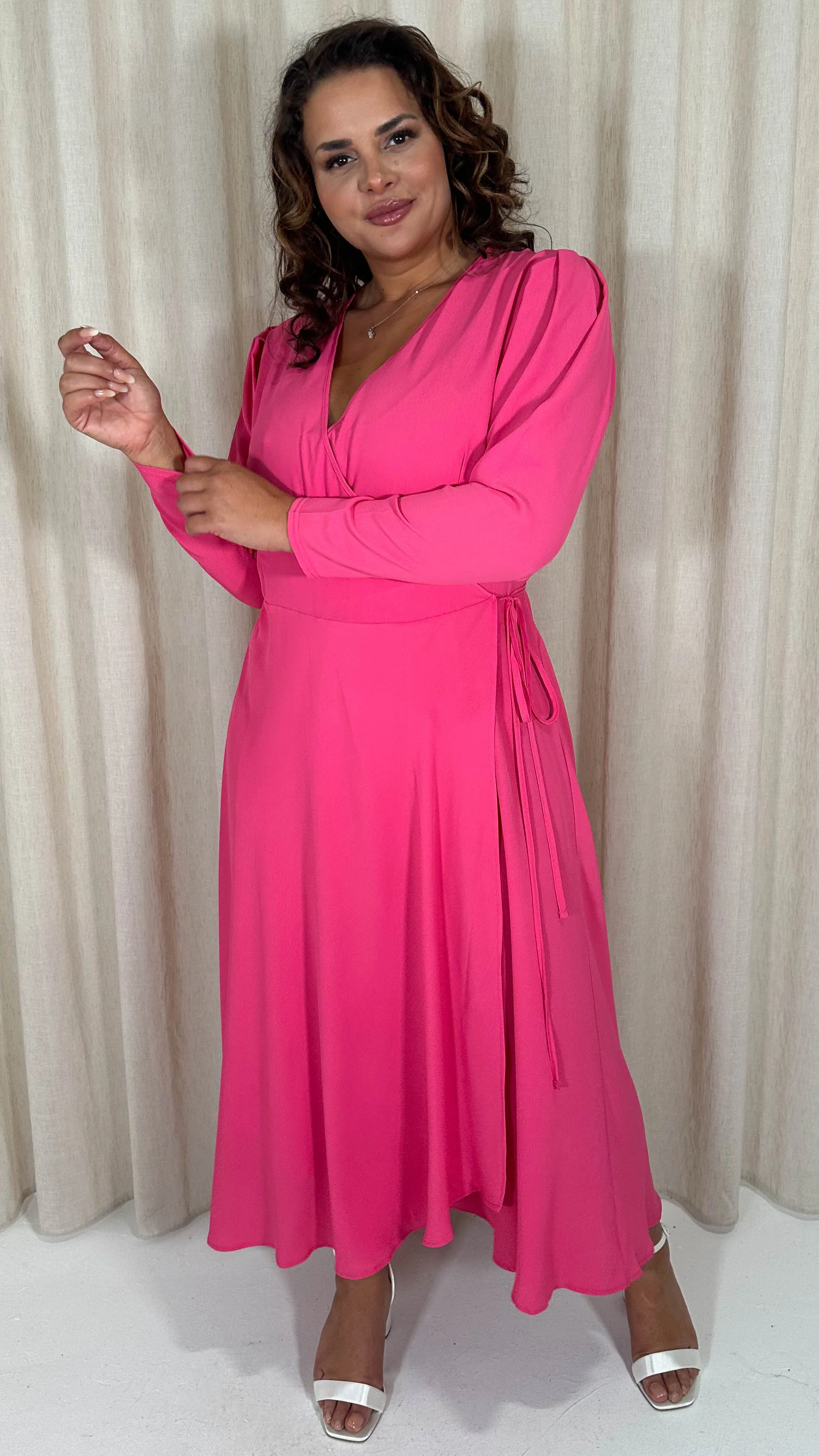 CurveWow Long Pleat Sleeve Wrap Dress Pink - Image 8