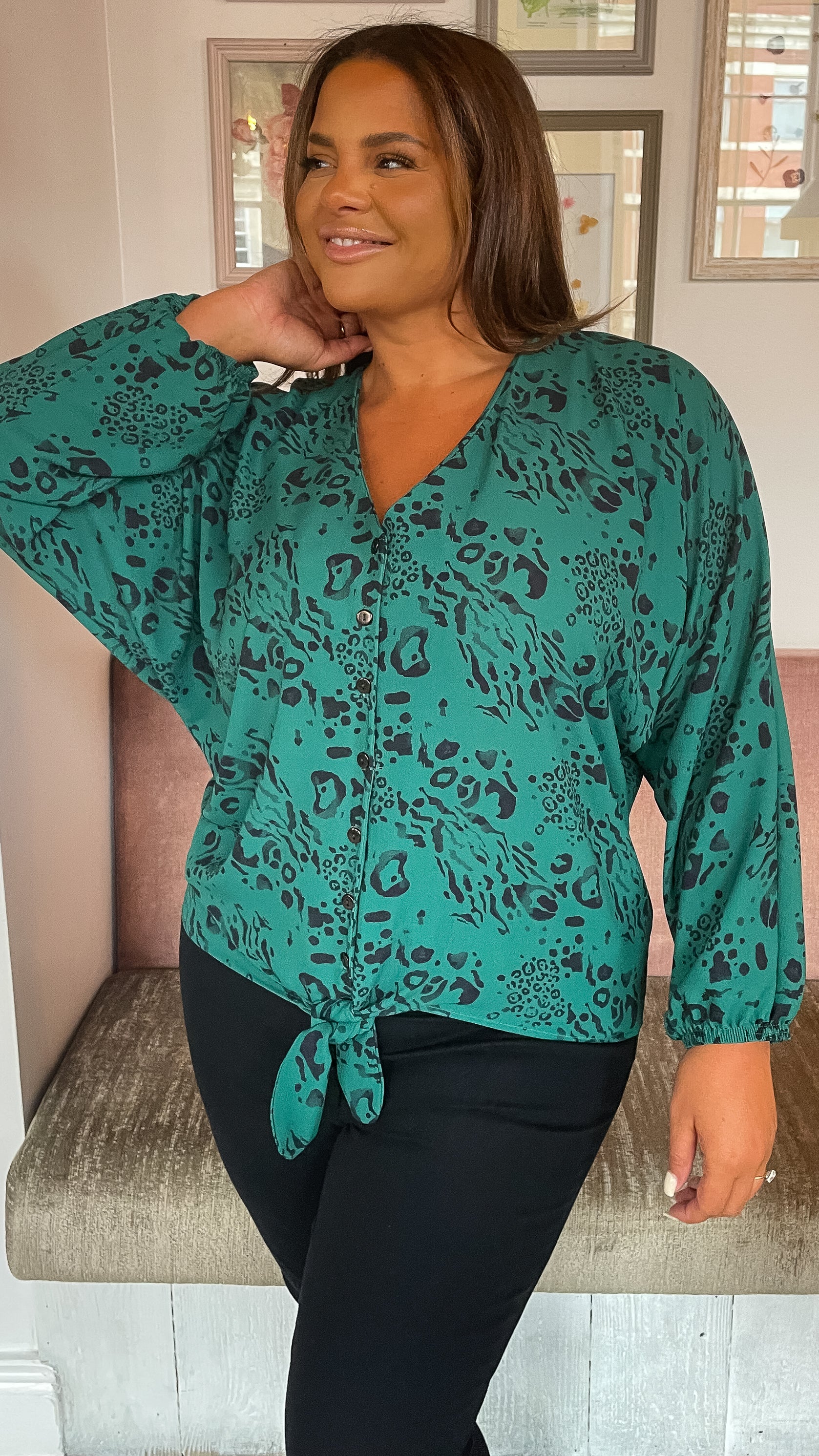 CurveWow Long Sleeve Tie Front Shirt Green Leopard - Image 3