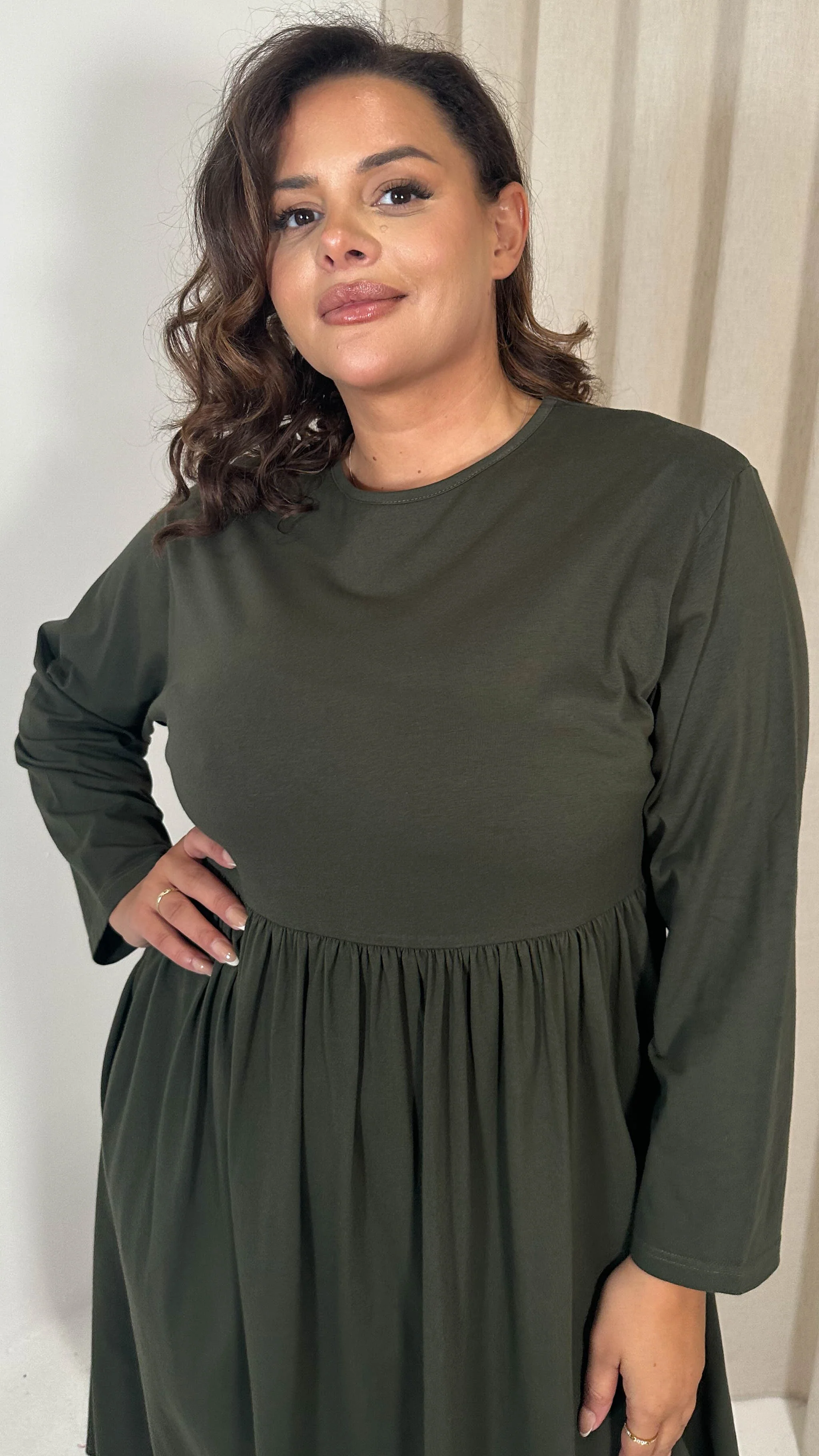 CurveWow Long Sleeve Elasticated Waist Midi Dress Khaki - Image 2