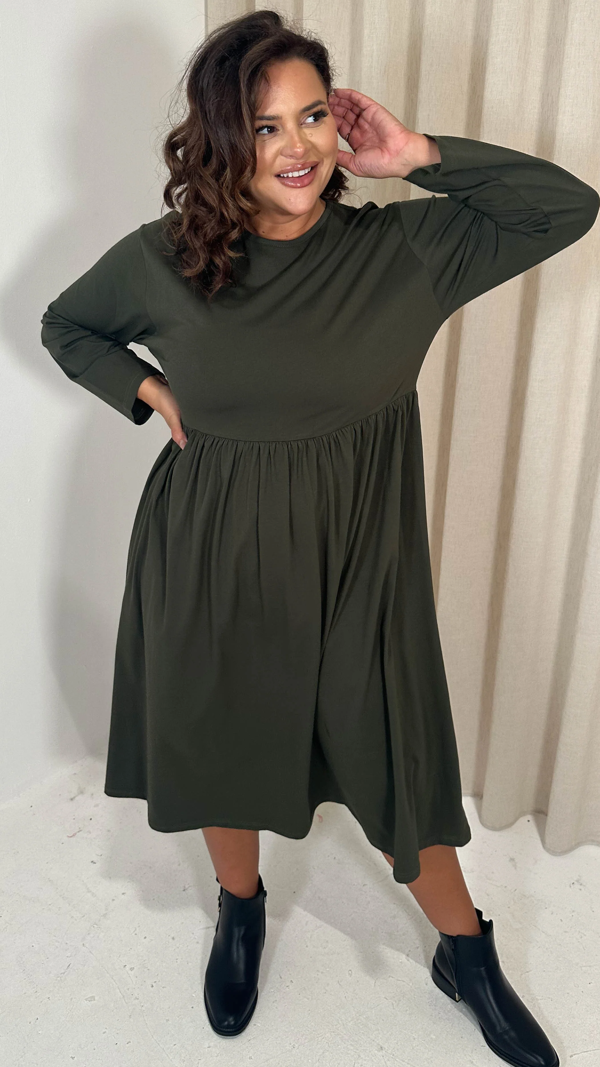 CurveWow Long Sleeve Elasticated Waist Midi Dress Khaki - Image 5