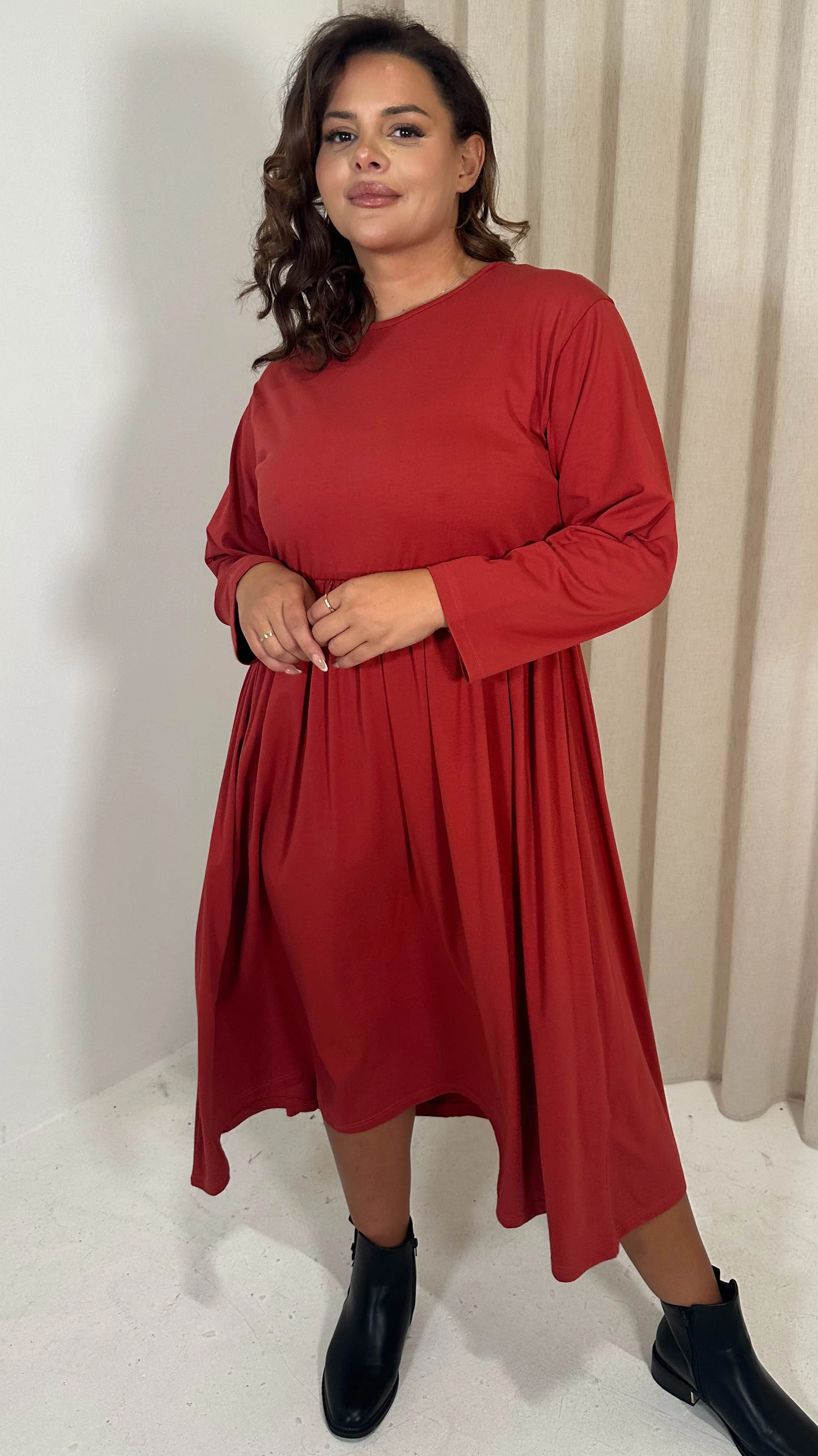 CurveWow Long Sleeve Elasticated Waist Midi Dress Rust - Image 3