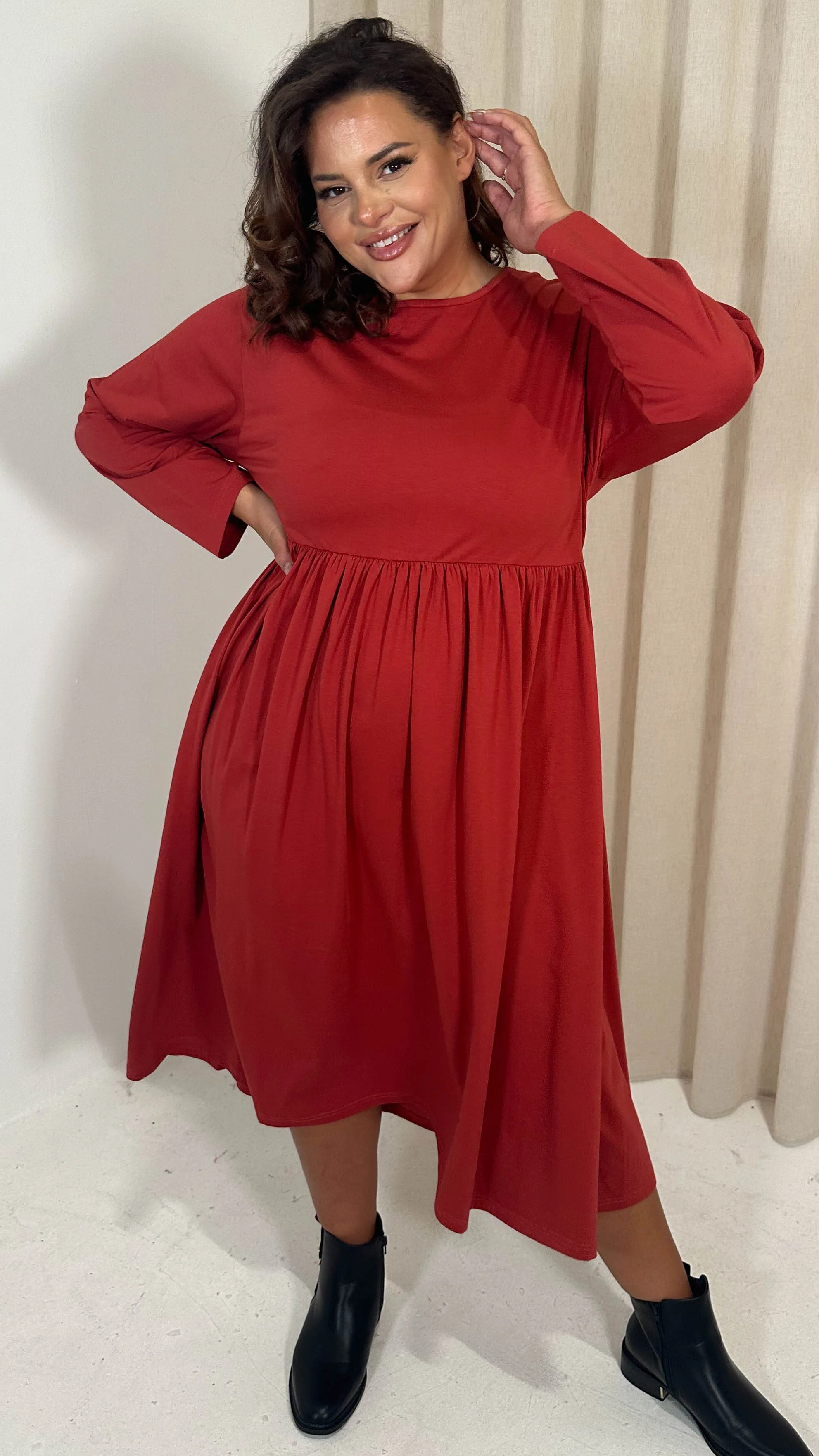 CurveWow Long Sleeve Elasticated Waist Midi Dress Rust - Image 4
