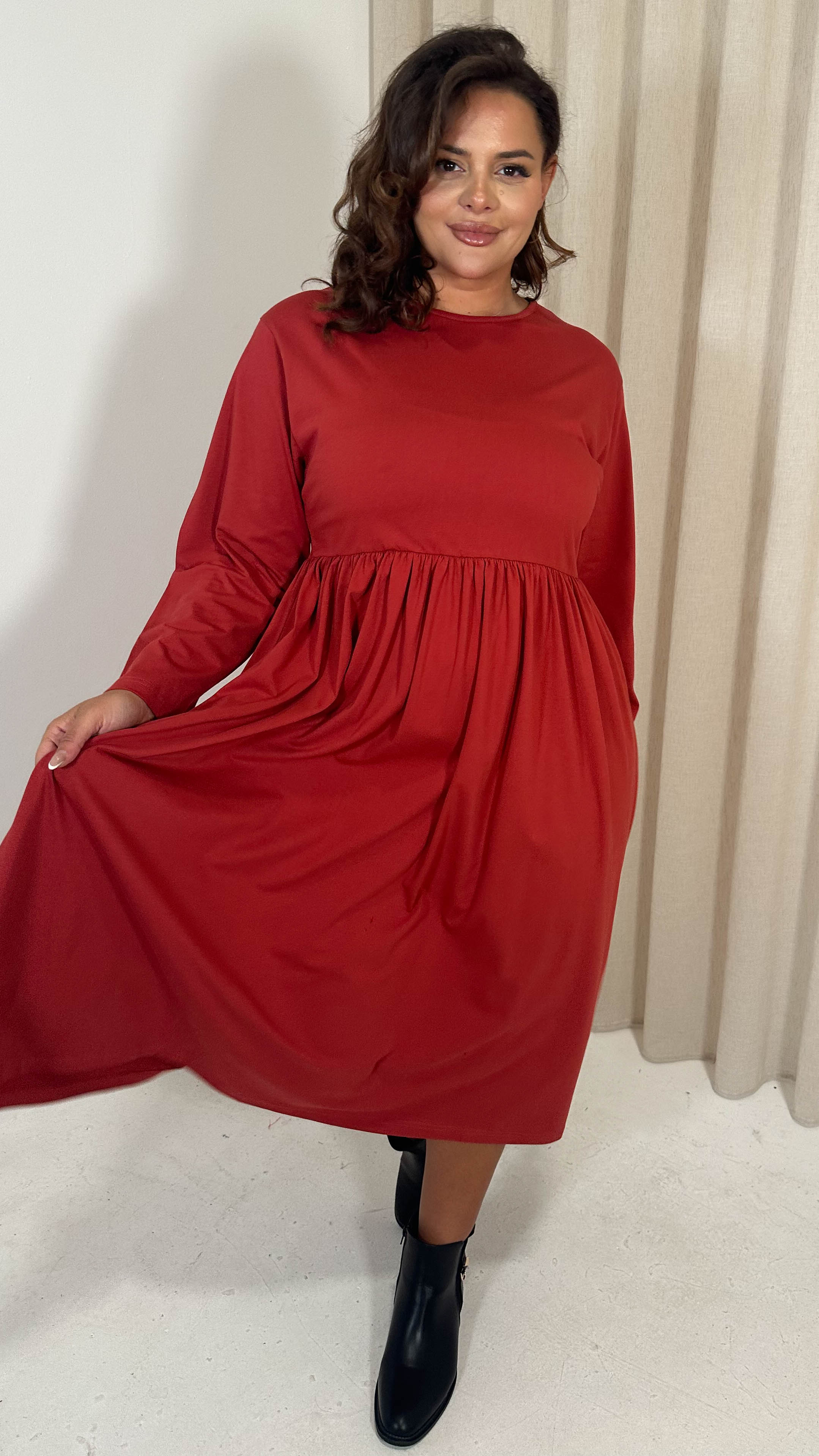 CurveWow Long Sleeve Elasticated Waist Midi Dress Rust - Image 5