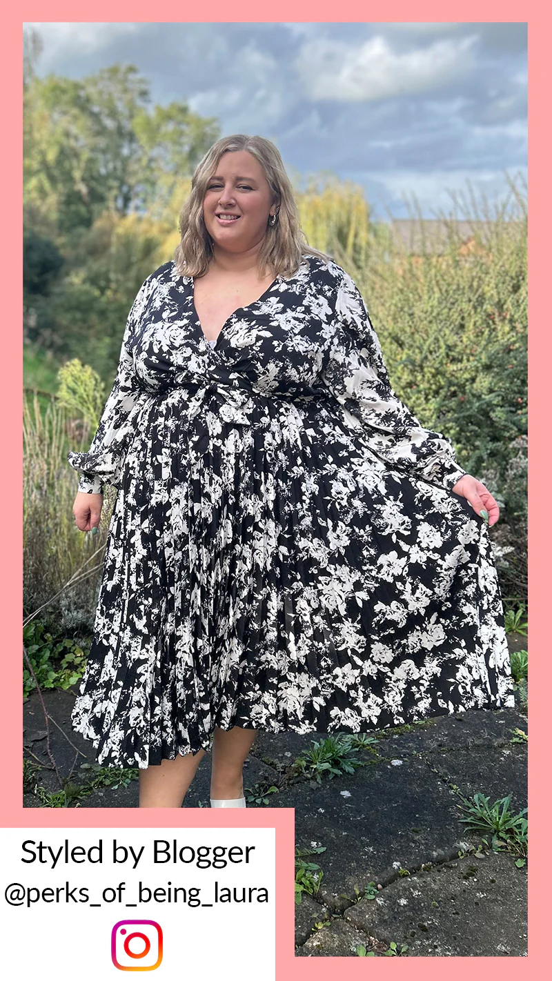 CurveWow Long Sleeve Floral Printed Pleated Midi Dress Black/Ivory - Image 10