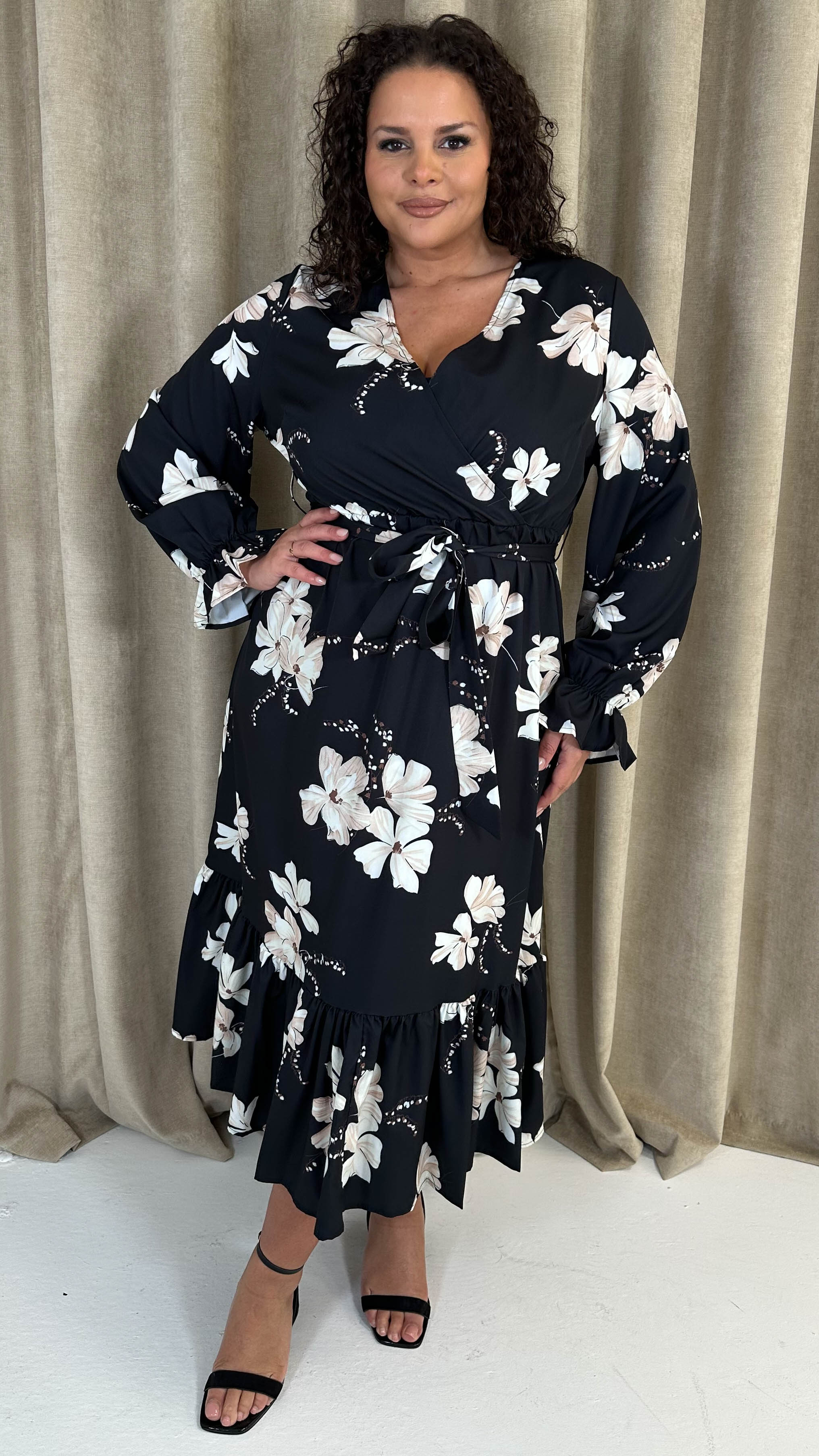 CurveWow Long Sleeve Floral Wrap Midaxi Dress Black/Ivory - Image 6